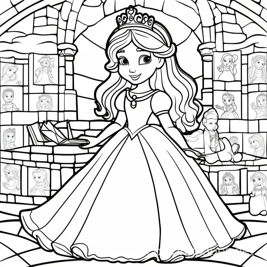 An image of a princess playing puzzles, Coloring Page, black and white, line art, white background, Simplicity, Ample White Space. The background of the coloring page is plain white to make it easy for young children to color within the lines. The outlines of all the subjects are easy to distinguish, making it simple for kids to color without too much difficulty