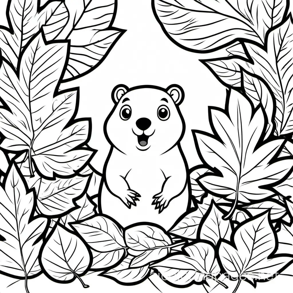 Groundhog peeking out from under a pile of autumn leaves, Coloring Page, black and white, line art, white background, Simplicity, Ample White Space. The background of the coloring page is plain white to make it easy for young children to color within the lines. The outlines of all the subjects are easy to distinguish, making it simple for kids to color without too much difficulty