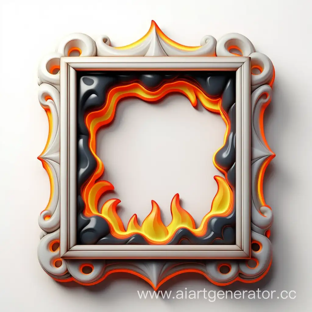 simple icon of a 3D lava vintage frame, made of fire. white background.