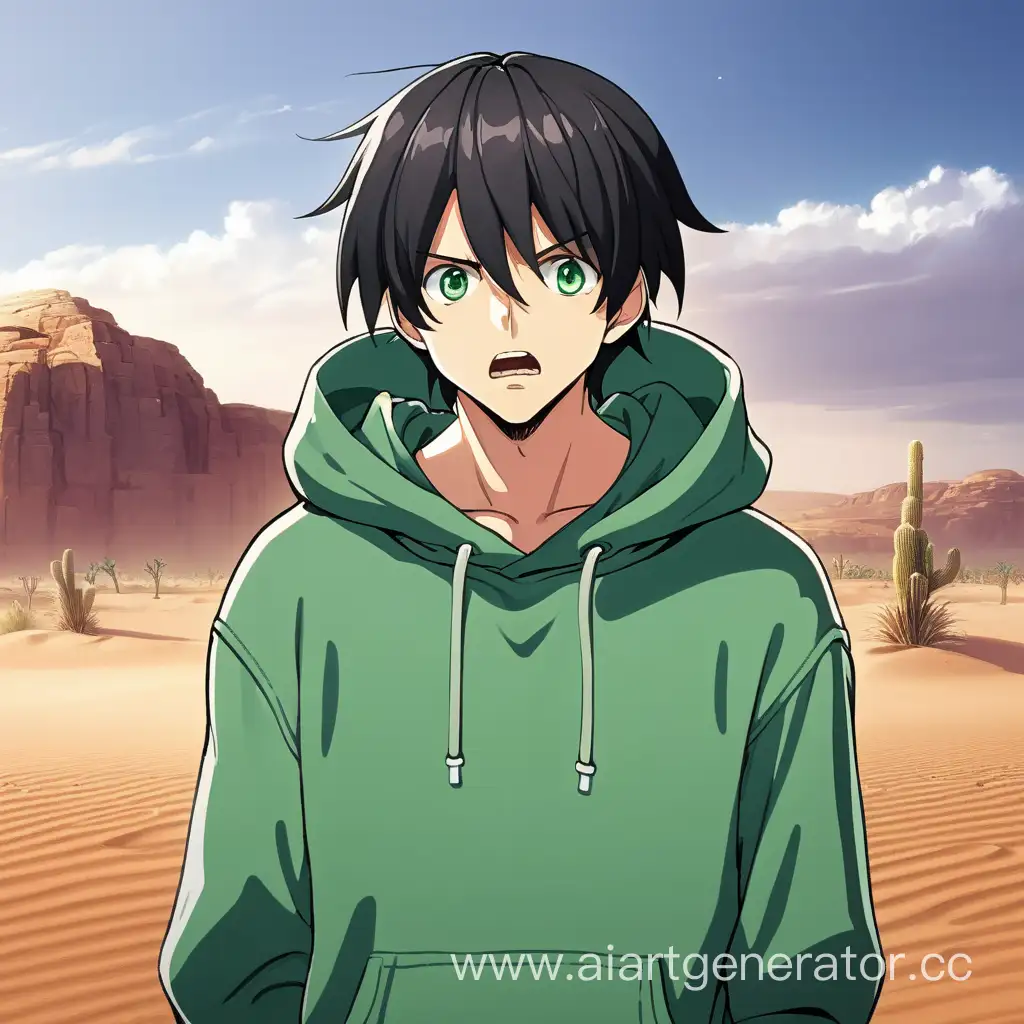 anime guy in a green hoodie with dark hair standing in the desert, face surprised