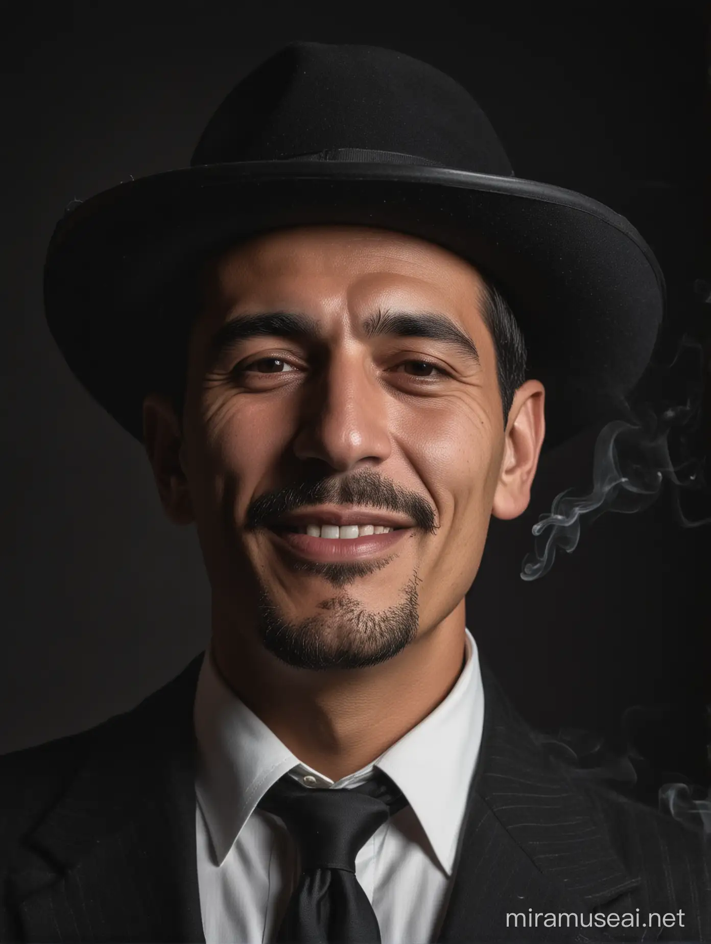 Портрет Мужчины который является главой мафии, черный фон, сигарета во рту смотрит в бок< Улыбается Мексиканская внешность