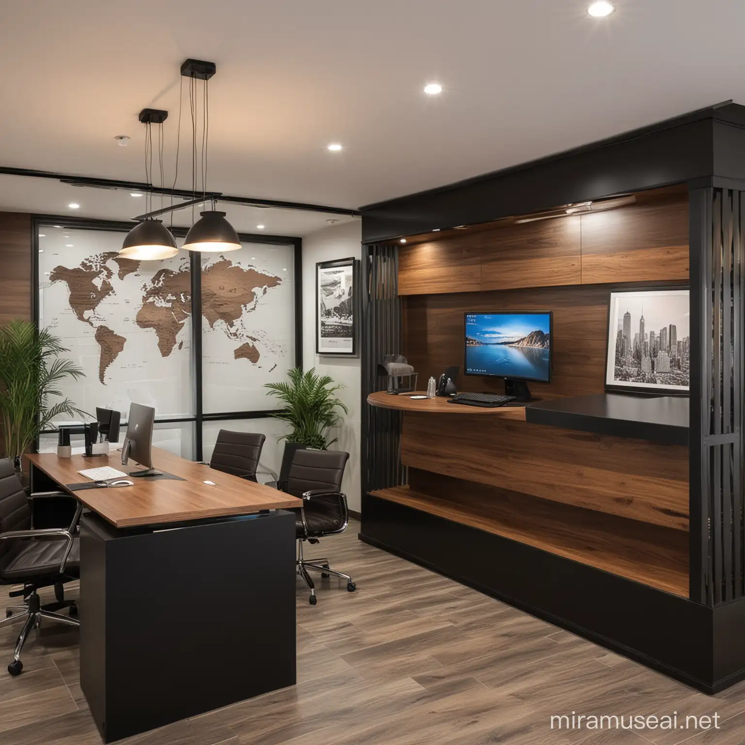 office travel agency interiour design modern world black brown worl place 