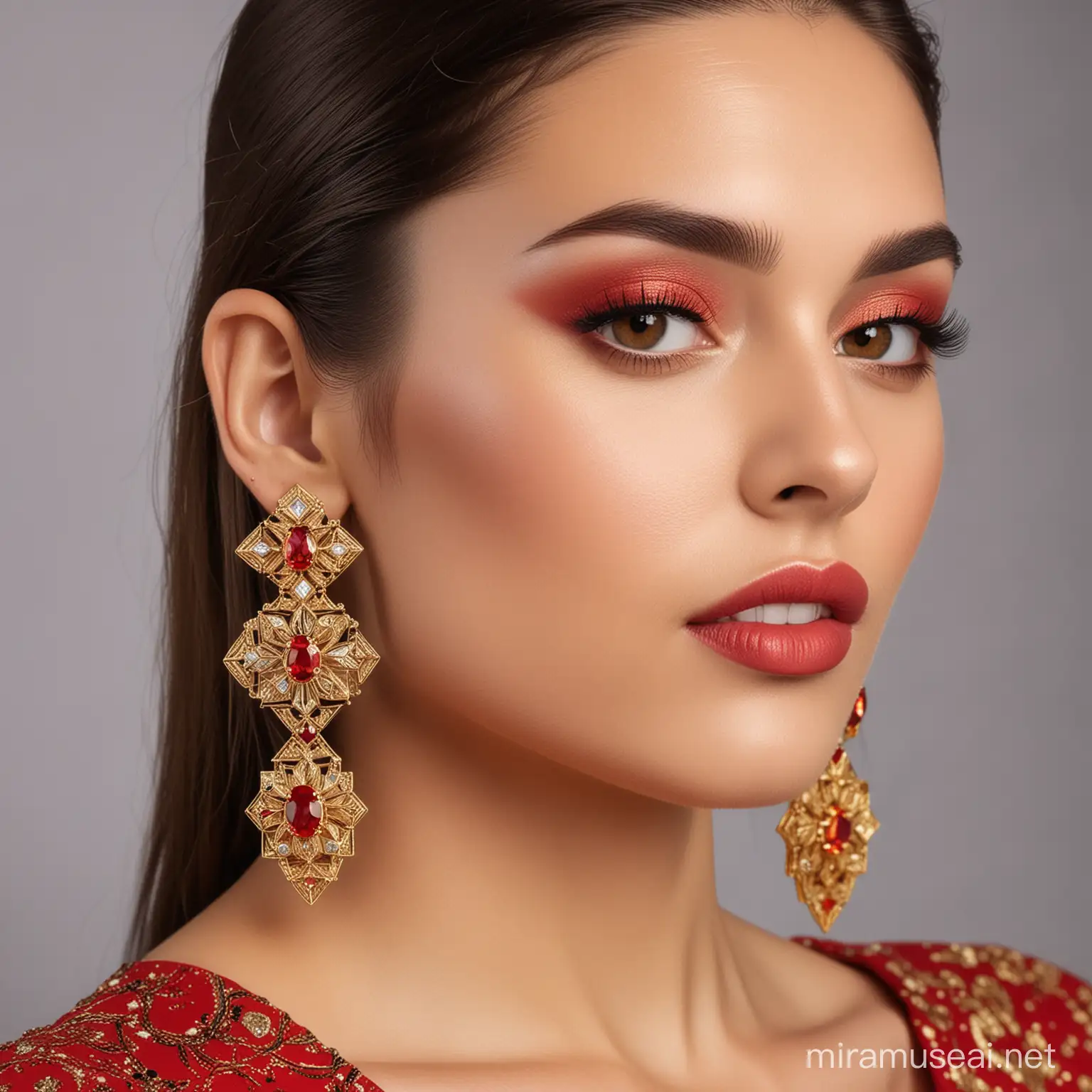 Elegant Gold Earrings with Floral and Geometric Designs Worn with Red Dress and Striking Makeup