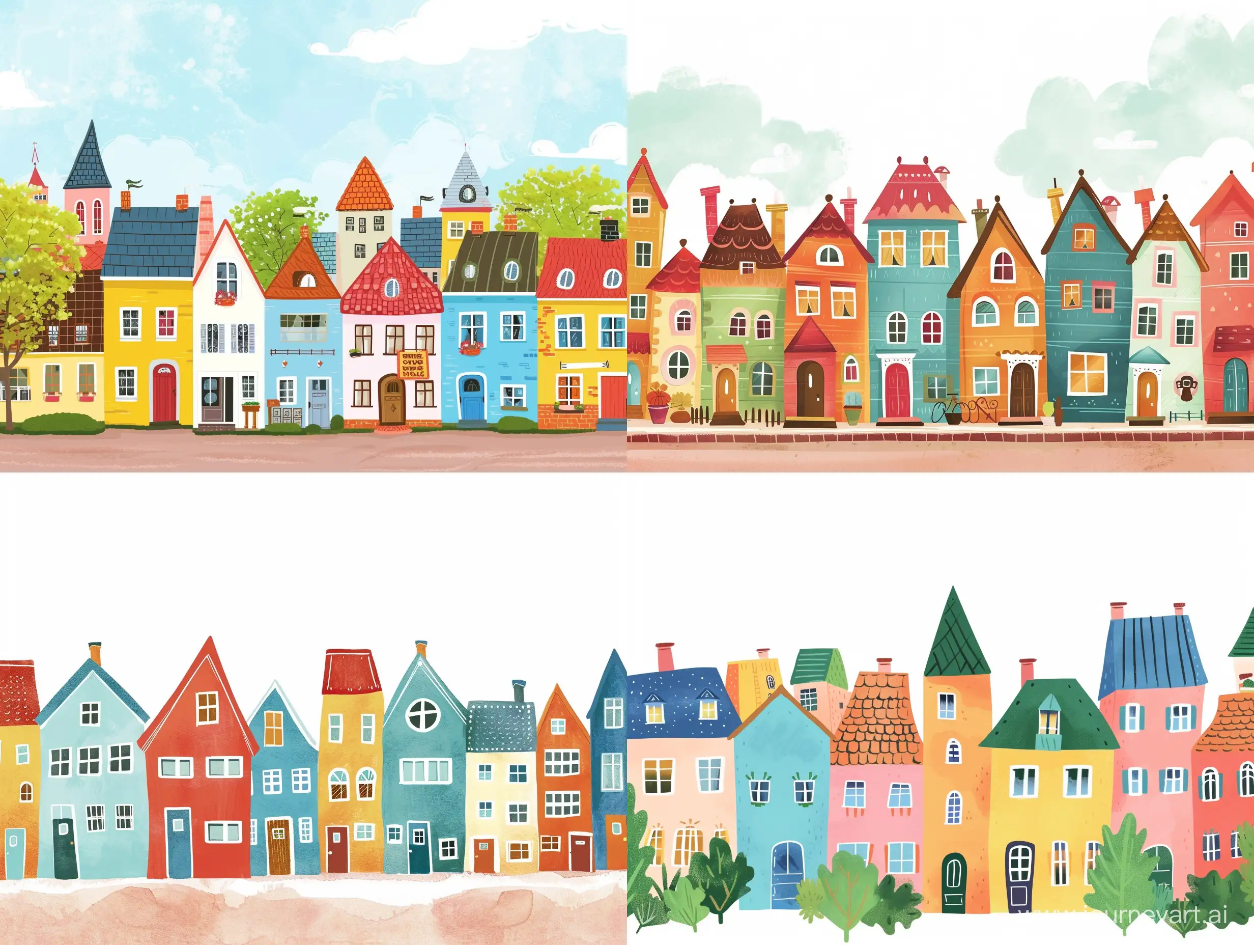 
colorful houses like a beautiful town for using as a background, illustration style, not much details, not childish style and not very cartoony, 