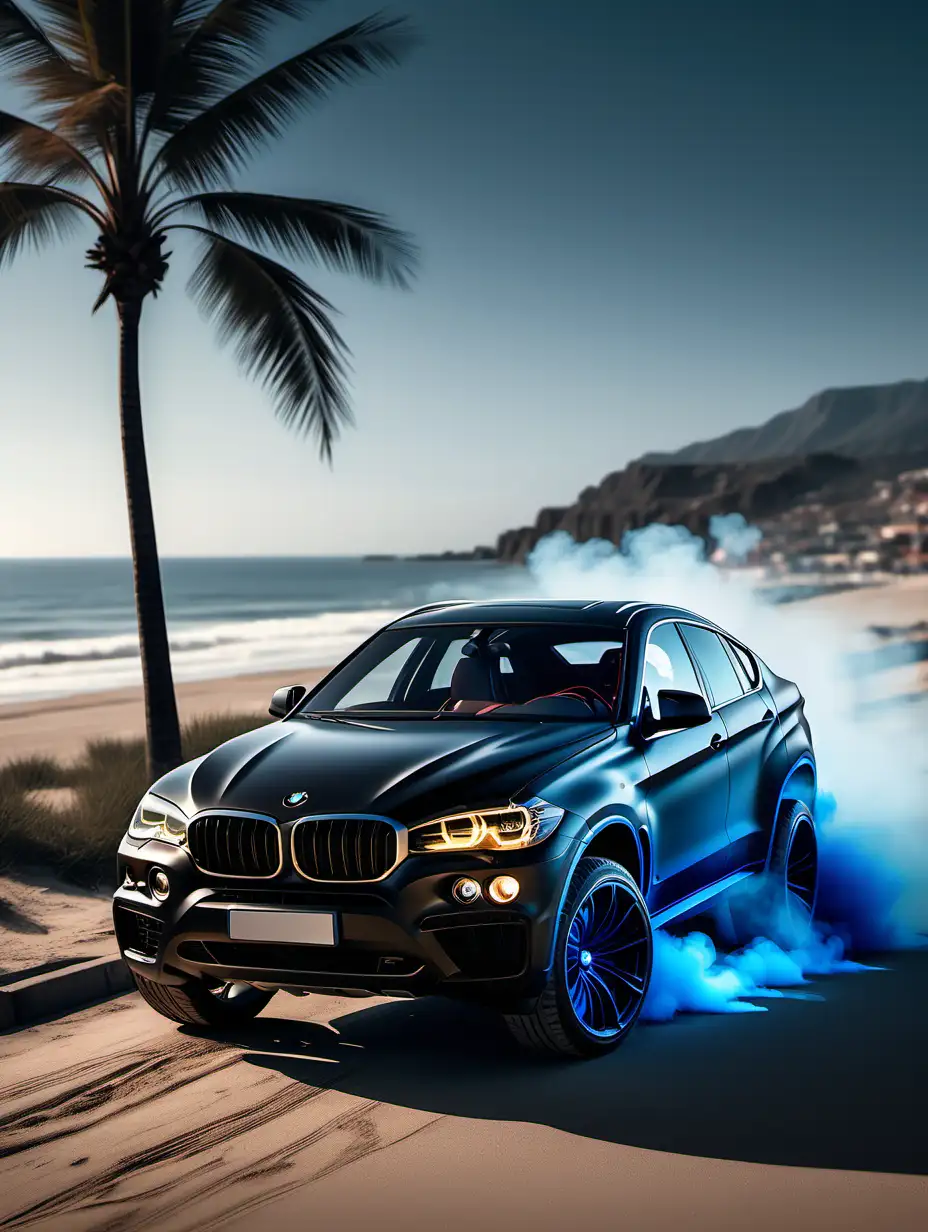 W ultra realistycznym 8K zdjęciu, czarny matowy BMW X6 z kierowcą w środku , po tuningu, generujący błękitny dym spod tylnych opon, z delikatnym błękitem świateł podkreślającym jego sylwetkę. Nieczytelna rejestracja, dodaje tajemniczego akcentu na tle malowniczej plaży, morza i palm. Kolory są niezwykle ostre, a ostrość detali podkreśla luksusowy wygląd pojazdu i piękno otaczającego krajobrazu. To ujęcie łączy elegancję z dynamicznym stylem, tworząc wrażenie intensywnego ruchu i wyrafinowanego piękna. --c 0