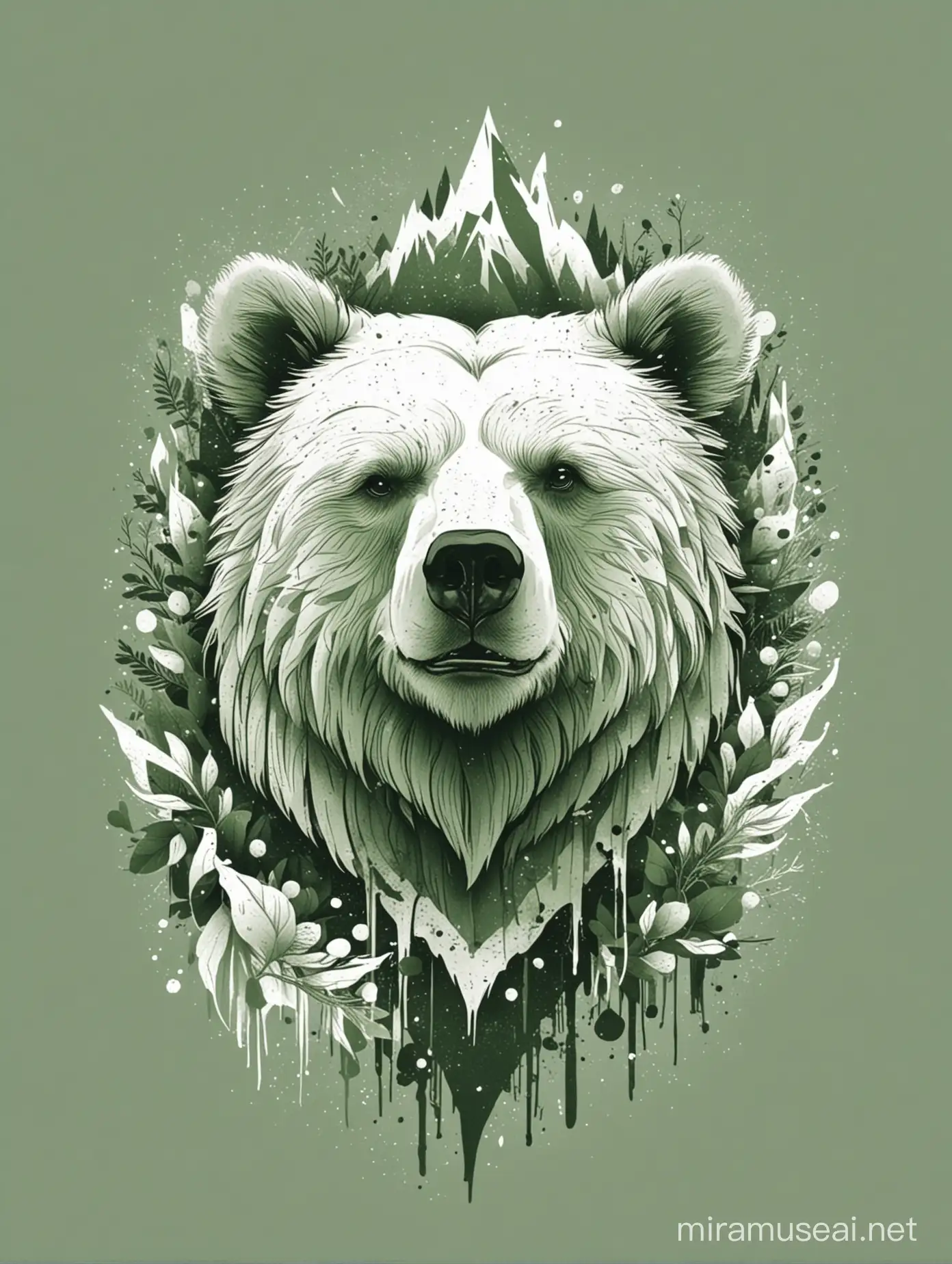 Abstract Bear TShirt Design in White and Moss Green