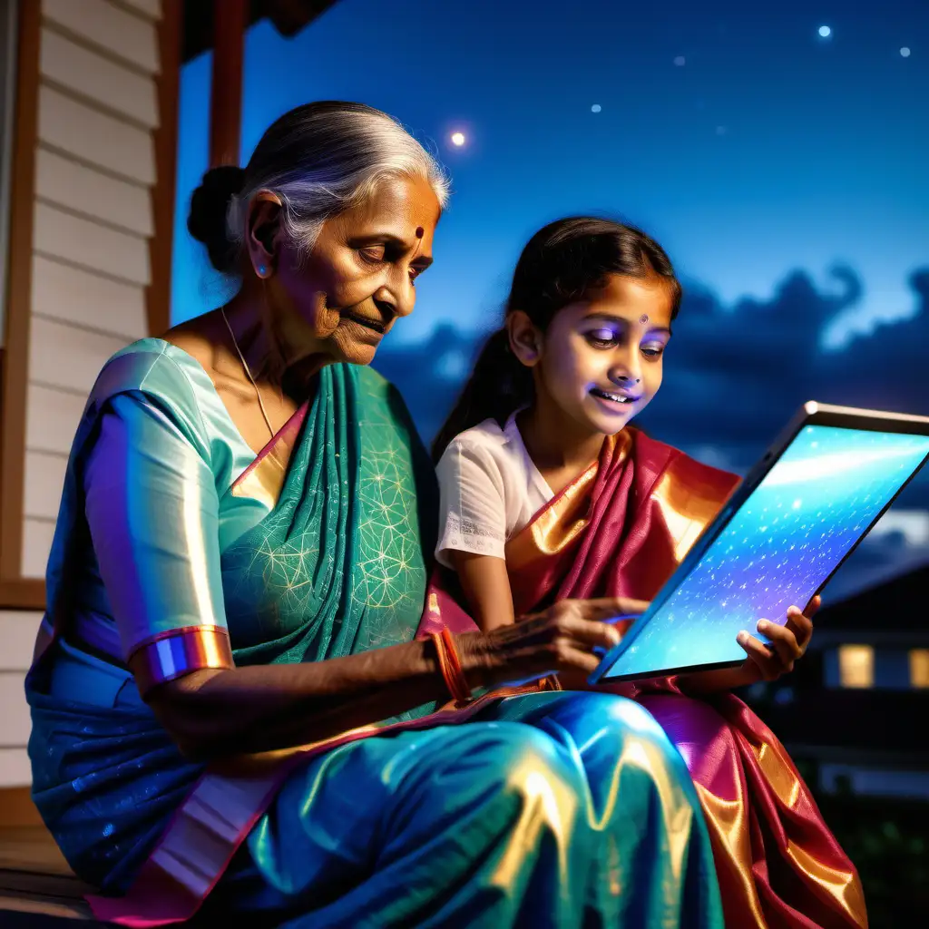 indian grandmother wearing sari and granddaughter, sitting on back porch, evening, typing into a tablet, generating holographic sailboat in the sky, look of amazement on faces