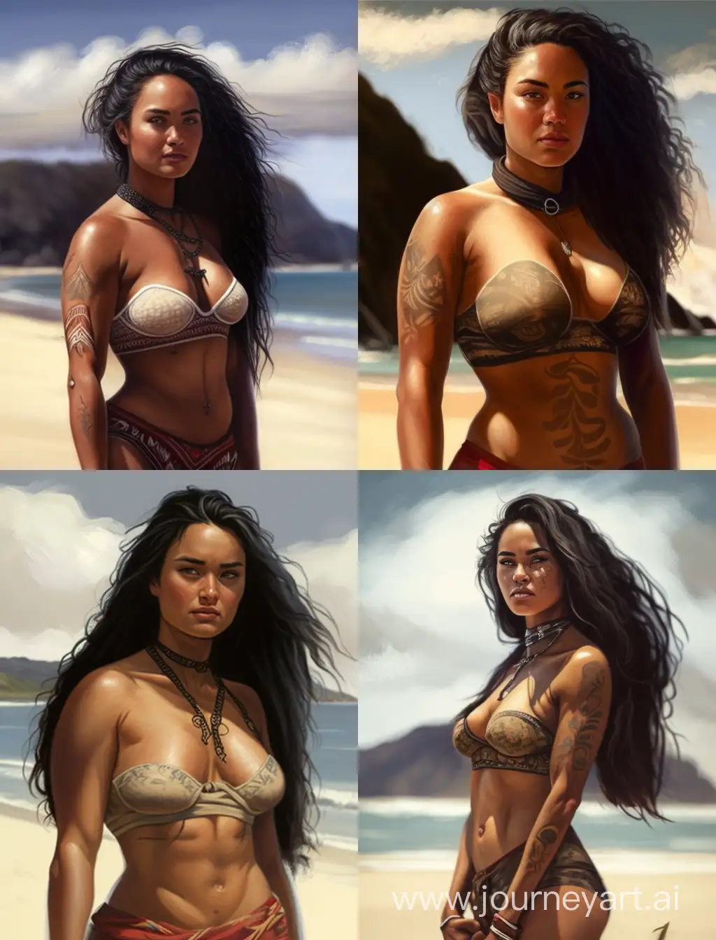 tall attractive maori female, arrogant stance , bikini , beach,