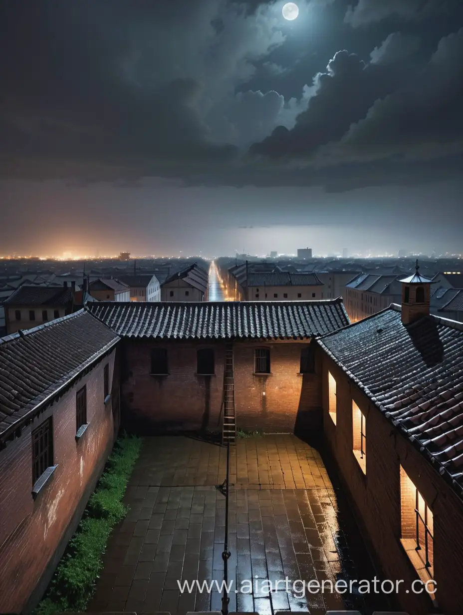 Вид с крыши, на старый гордок, ночь, ливень, безлюдно, мрачная атмосфера