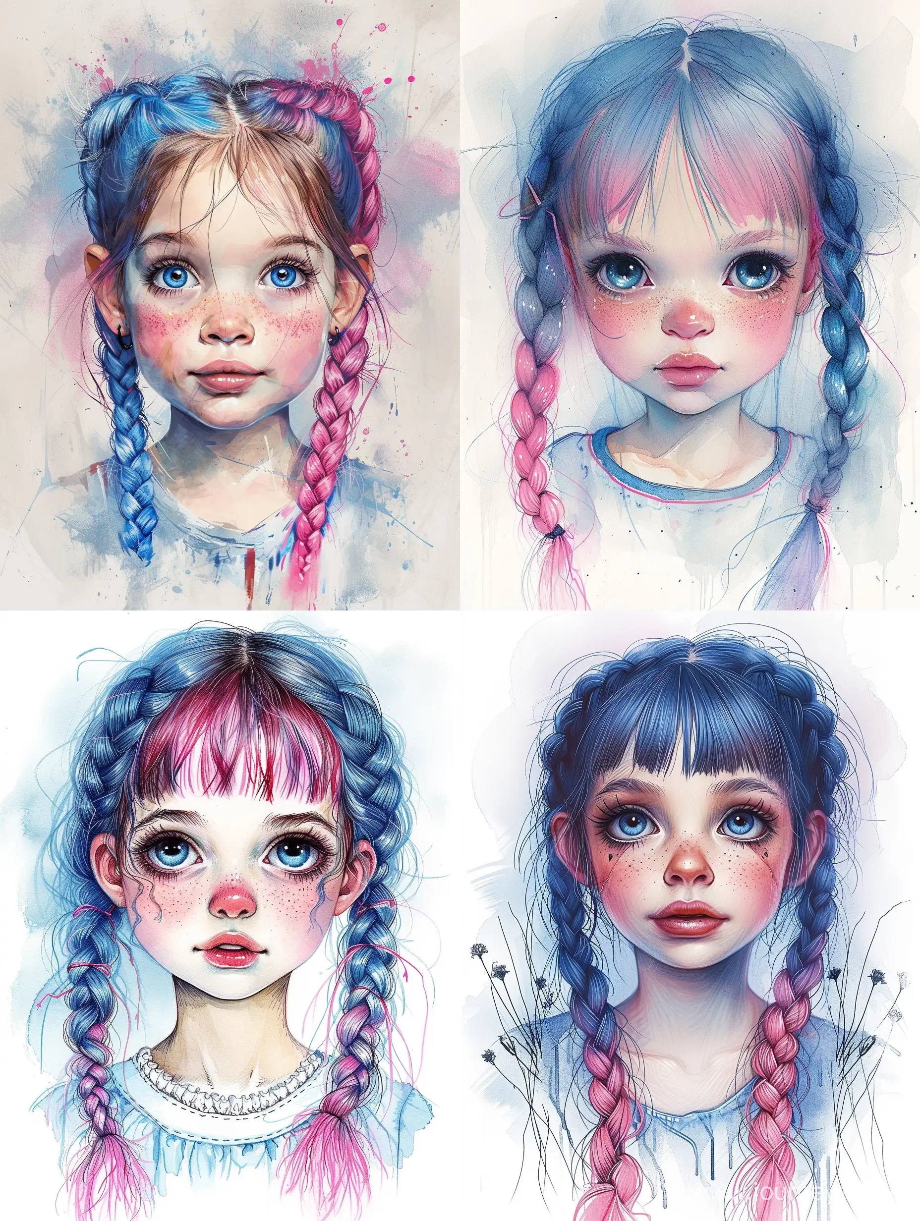 Adorable-FiveYearOld-Girl-with-Braided-Blue-and-Pink-Hair-Whimsical-Watercolor-Drawing
