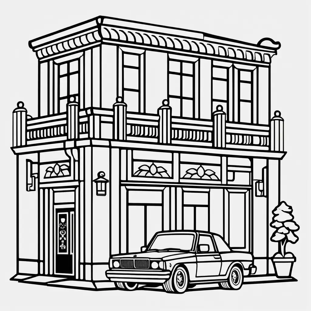 black and white, coloring page, clear defined dark lines and line border, no shadows, no greying, without the use of shadows or any form of graying. Emphasize clean lines, distinct shapes, and solid, non-gradient fills to maintain a simplistic and high-contrast appearance suitable for coloring, white areas, white background, big wide, car wash saloon icon image to be used in the application logo, big, isometric icon style, black outlines ,black and white, for coloring page, white background, much detail
