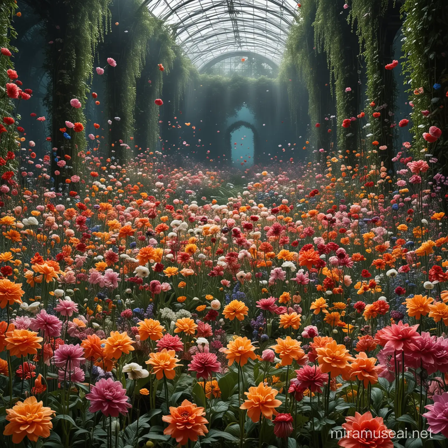 La primera imagen de la exposición muestra un jardín de flores surrealistas. Las formas y colores de las flores han sido reinterpretados por la inteligencia artificial, creando una escena de naturaleza exuberante y sorprendente.
