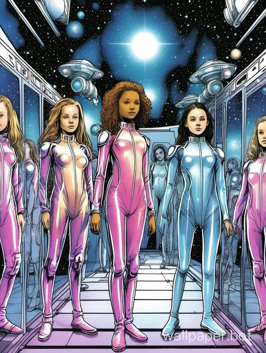 Girls aged 12 are in Star Space School Sirius cinema in full growth in transparent bodysuits futuristic science fiction
