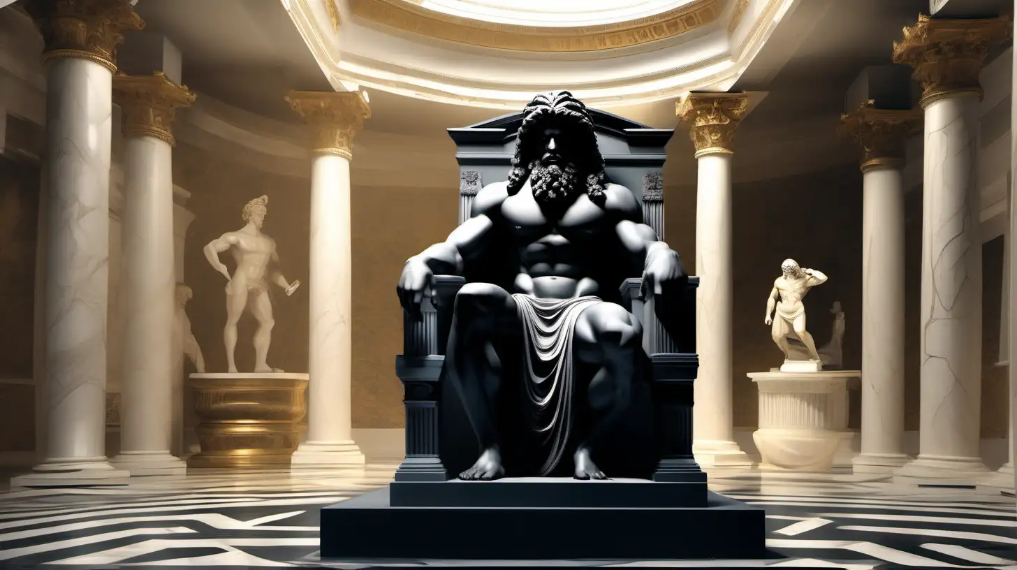 "Create a captivating image featuring a Greek ancient statue portraying a powerful and muscular black man with long hair and a beard. Place the statue in an opulent setting with a black palace in the background, and depict the figure seated on a majestic prince chair. Capture the essence of strength, regality, and cultural diversity in this AI-generated visual masterpiece."