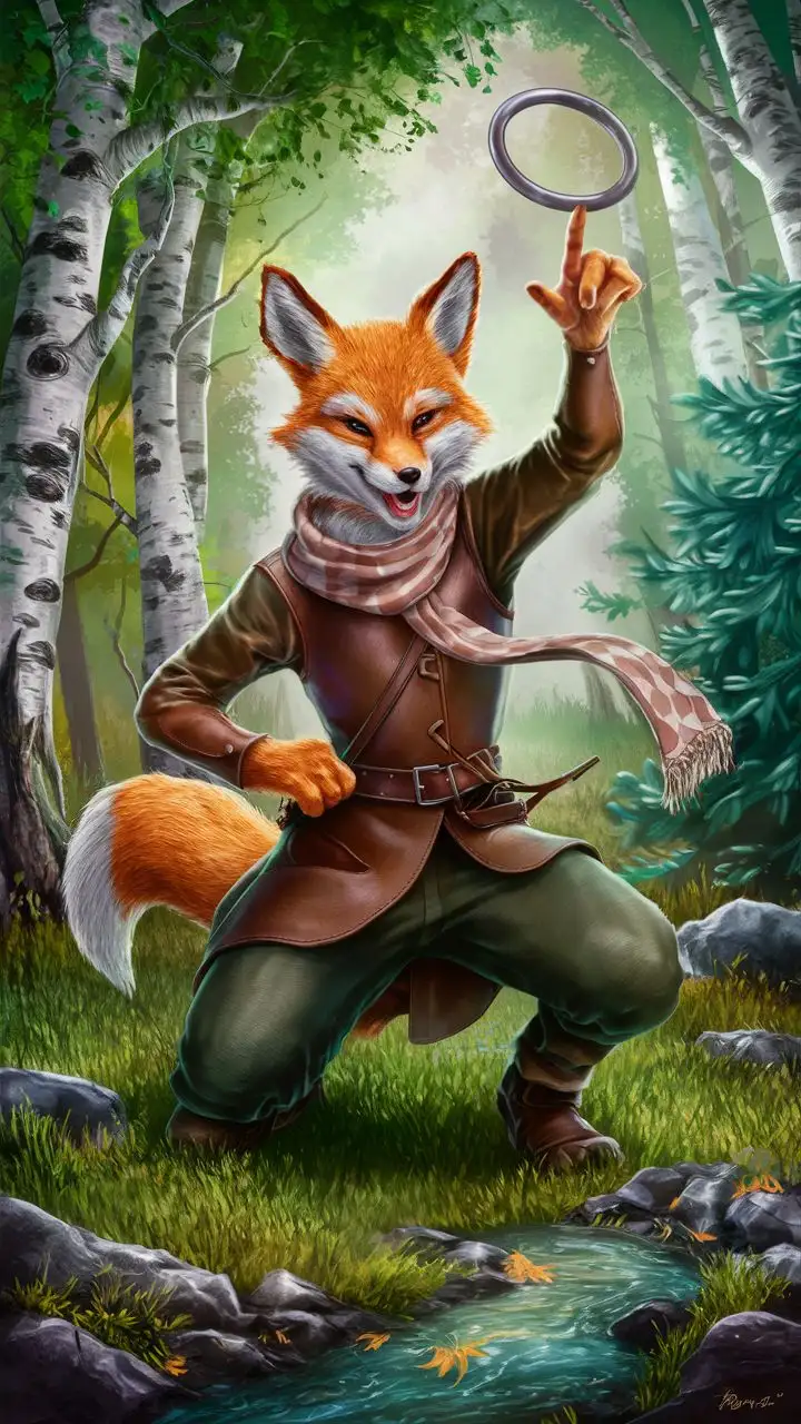 A male kitsune wearing leather hunting gear and a long scarf, a metal throwing ring twirling on the pointer finger on his raised right arm, a smirk on his face, in a birch and spruce forest near a leaf filled stream.
