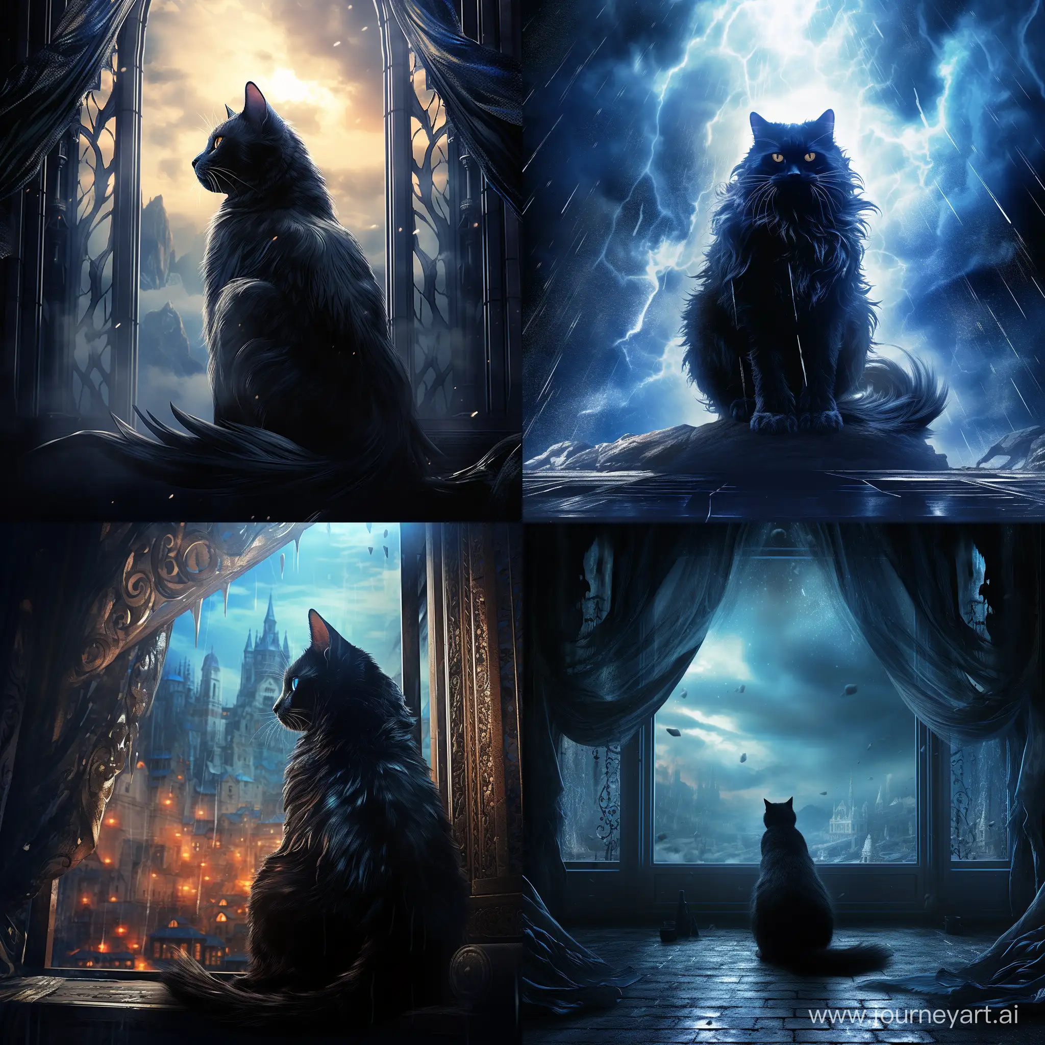 movie poster fantasy dramatic, ::1.1, голубая кошка во весь рост с черными узорами на фоне окна, полный рост, свет проникает через окна отбрасывая блики на кошку