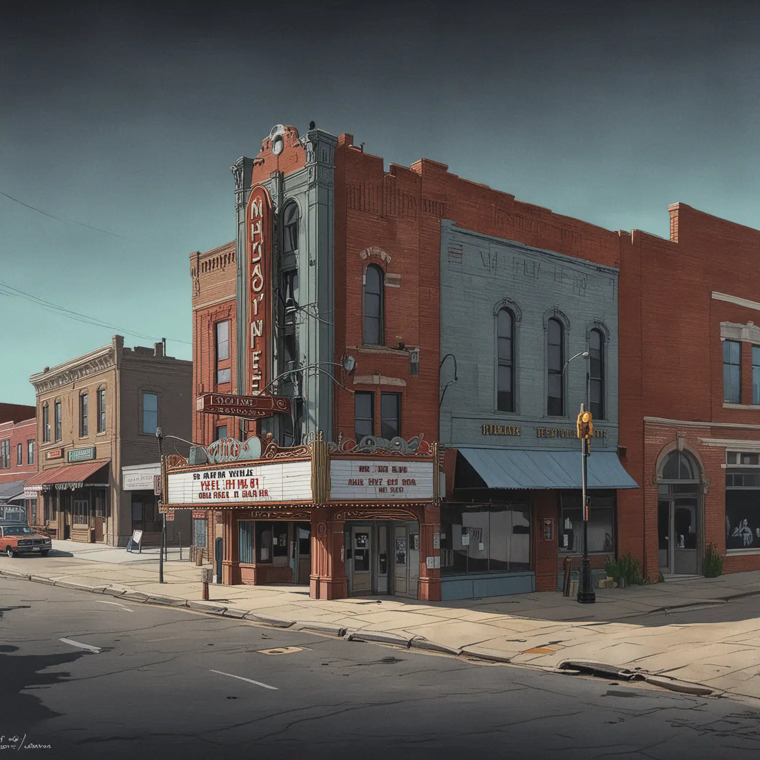 Charming Haunted Theatre on a Small Town Street Eerie Illustration for Book Cover