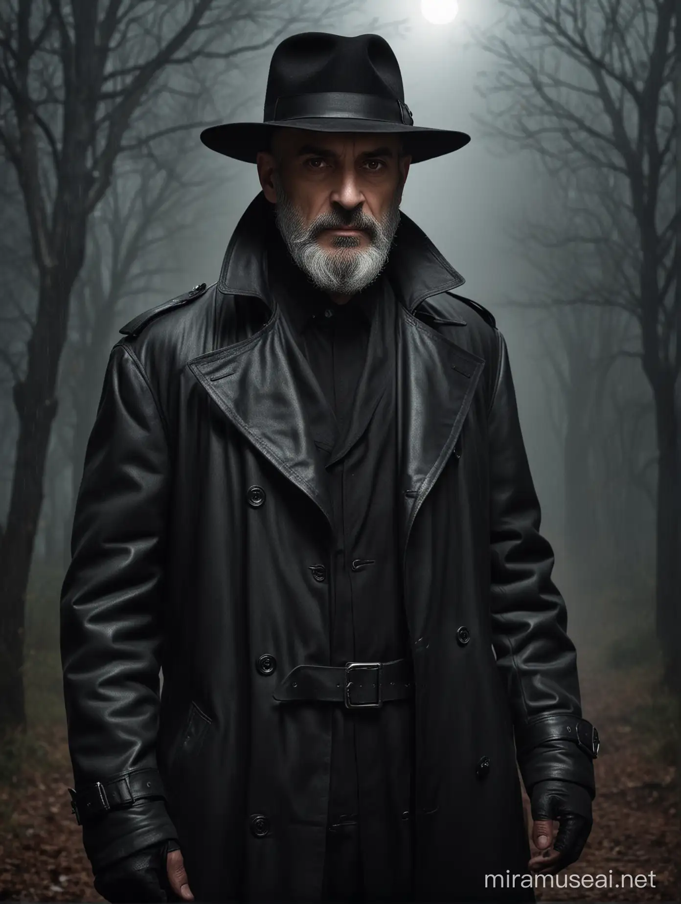 60 yo tall spanish male,balding,red eyes,black deluxe hat,long grey beard,black leather trench coat, dark grey shit,in the night,horror style