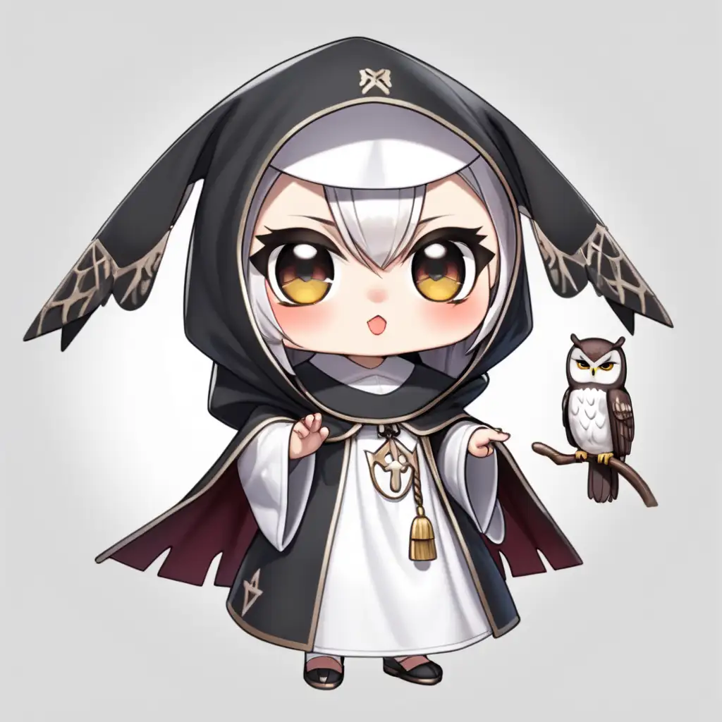 Chibi Owl Nun Adorable Cartoon Character Dressed as a Holy Sister
