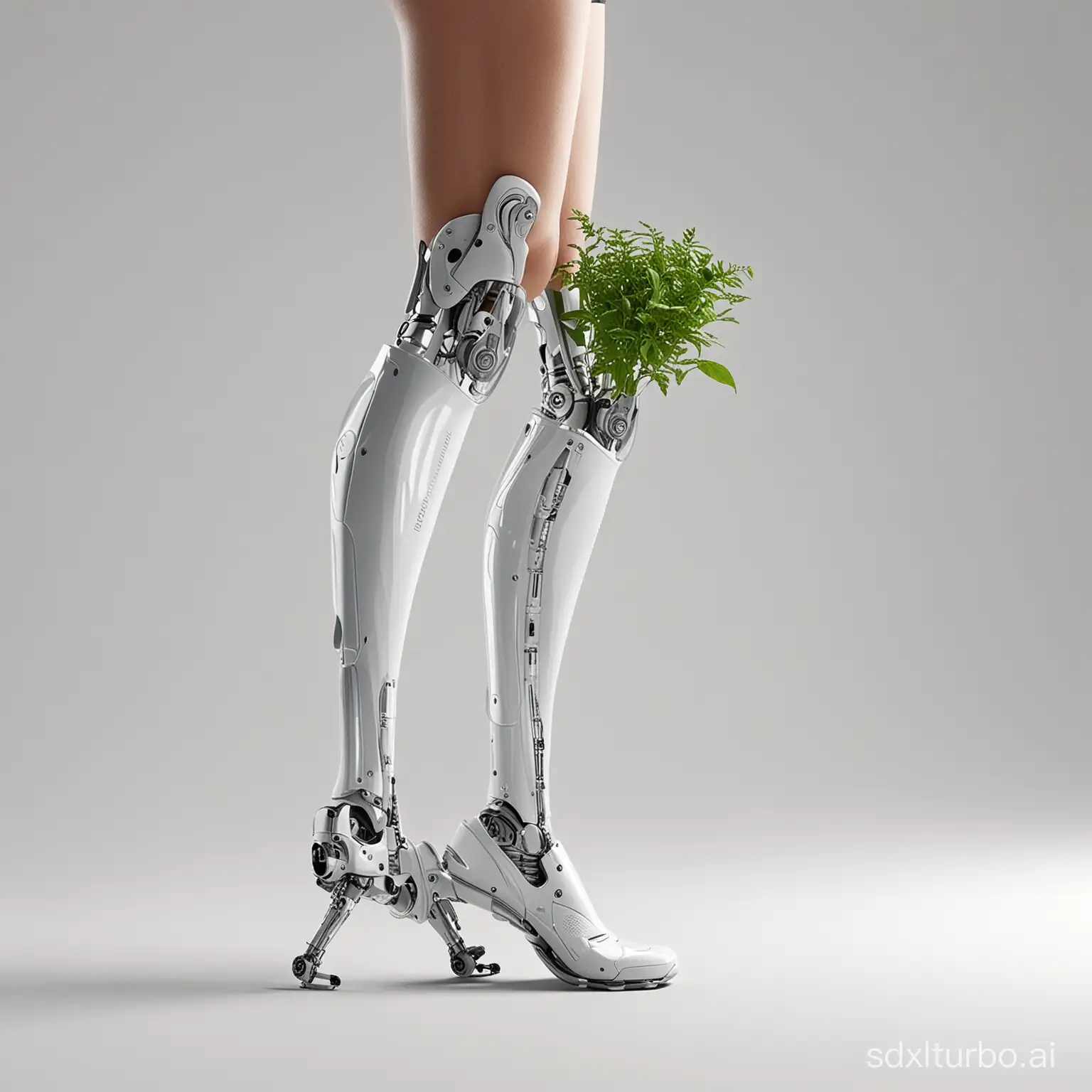  The image depicts a futuristic bionic leg against a clean, white background, reminiscent of a sleek product advertisement. The bionic leg is prominently featured, showcasing its innovative design and advanced capabilities.  IT has a cupholder in the calf, and a bottle of water attached. There is an umbrella mechanism elegantly integrated into the knee area. The leg has an attached small plant holder, adding a touch of greenery and personalization to the bionic leg.  The overall aesthetic is modern, clean, and stylish, showcasing the bionic leg's versatility and innovative features in a captivating manner.