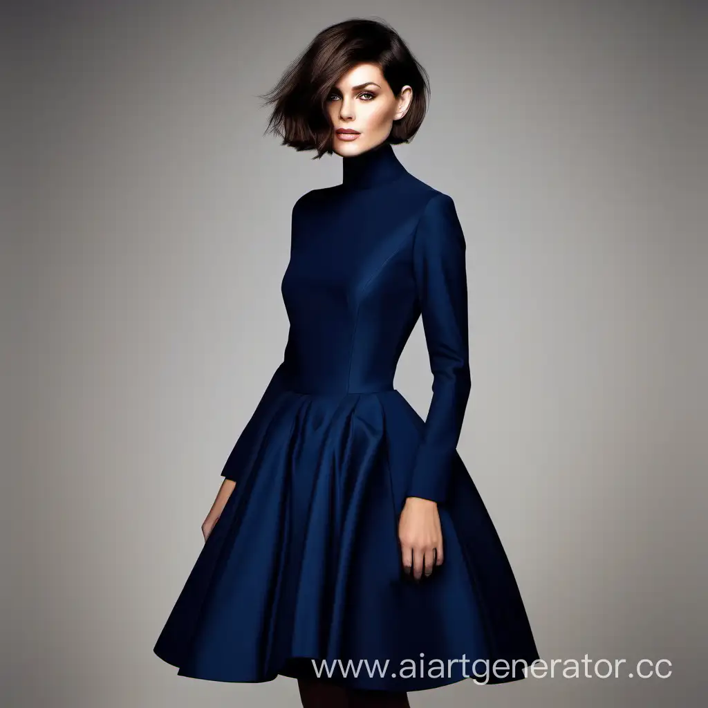 Elegant-Brunette-in-Stylish-Dark-Blue-Dress-with-Long-Sleeves
