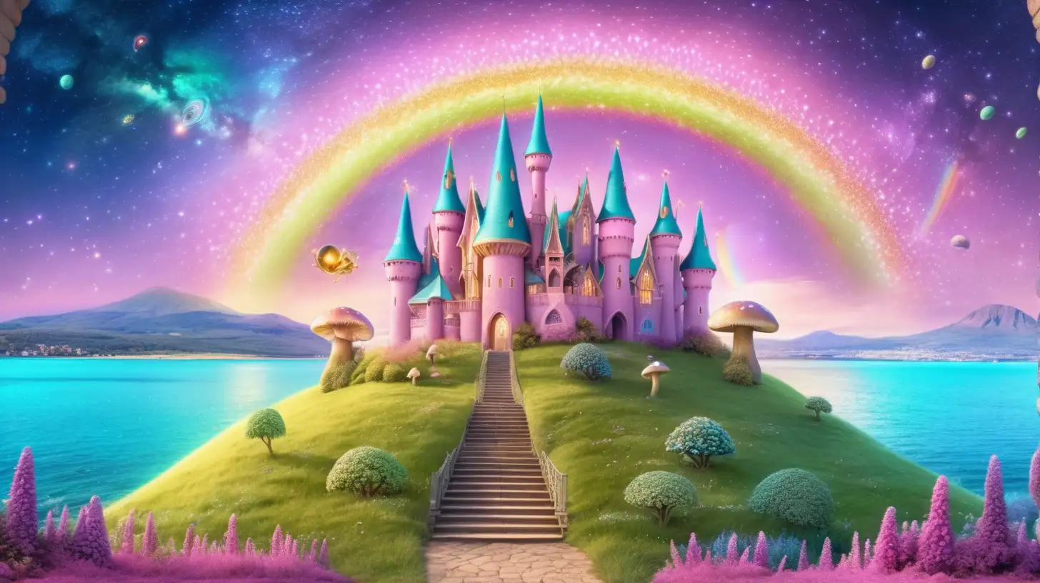 bookshelf portal to fairytale-magical grape trees -glowing-bright golden pink, pastel-green-sky blue forming a castle that shows outer space astroids and rainbow-mushroom garden and a bright ocean