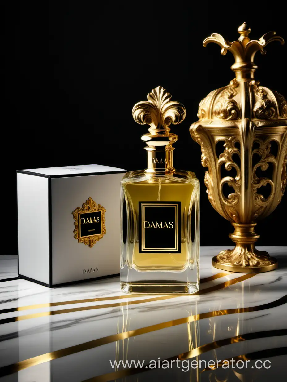 a bottle of damas cologne sitting next to a dark White box,with golden lines a Baroque dynamic luxurious composition, feminine
flemish Baroque