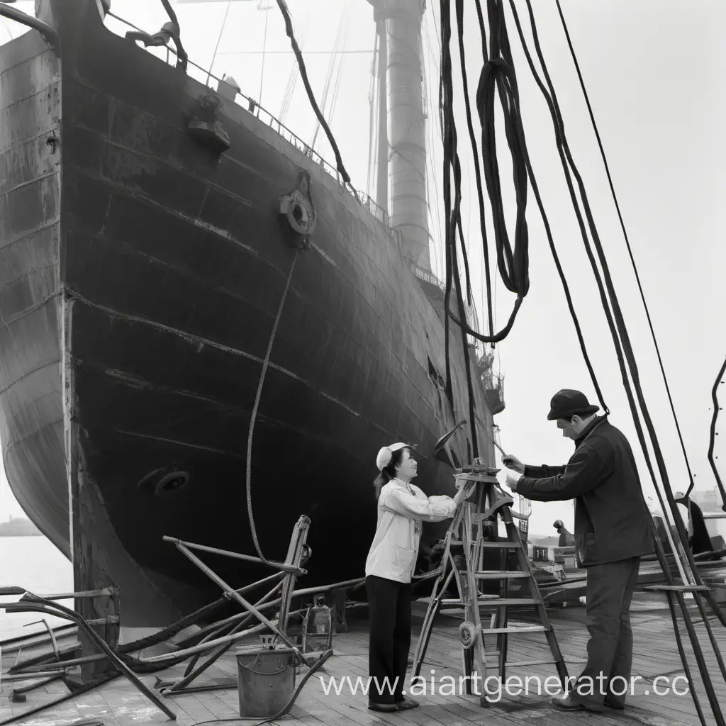 Мужчина и женщина делают ремонт на корабле