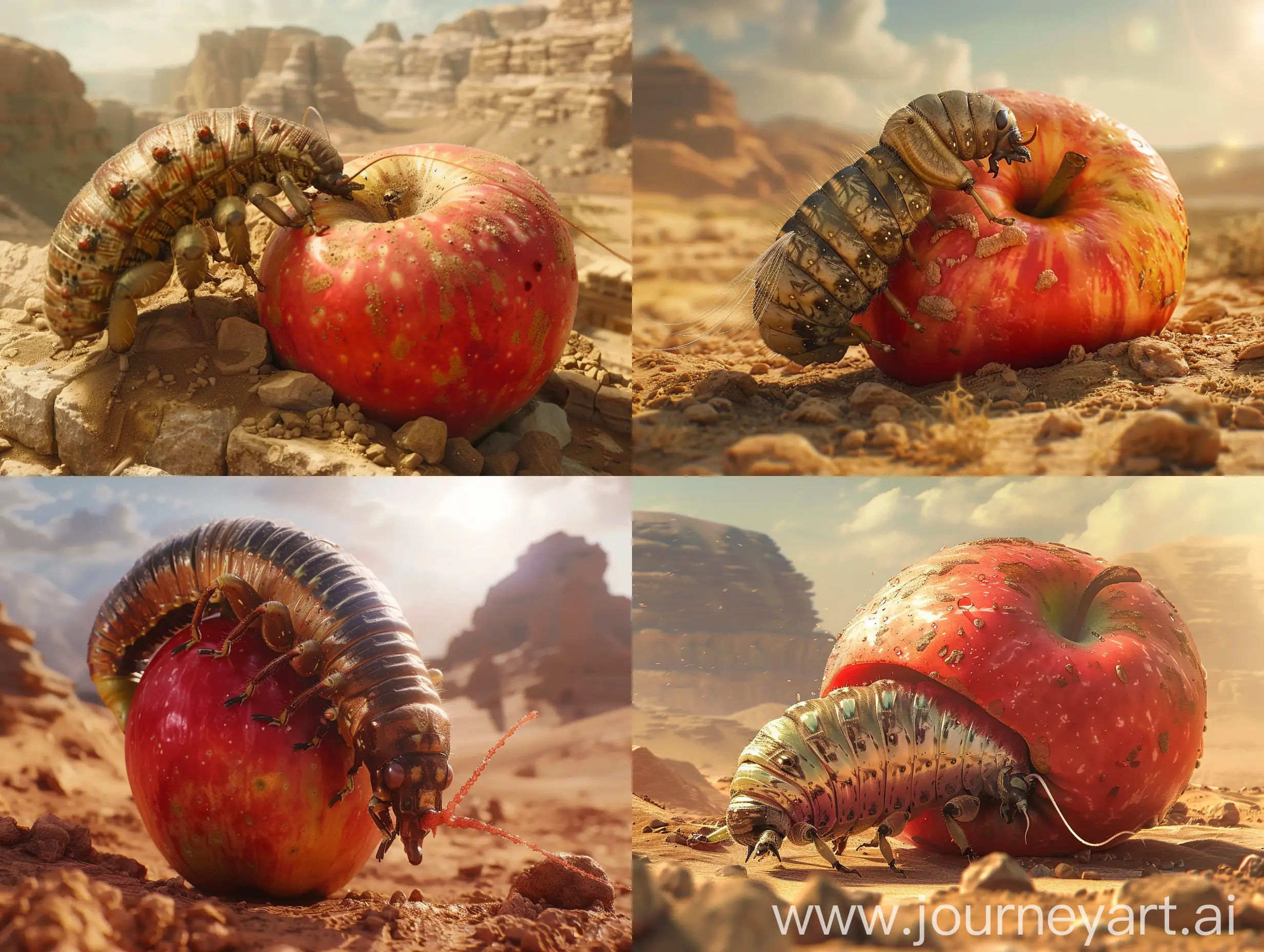 Silkworm-Feasting-on-Enormous-Red-Apple-in-Ancient-Desert-Civilization