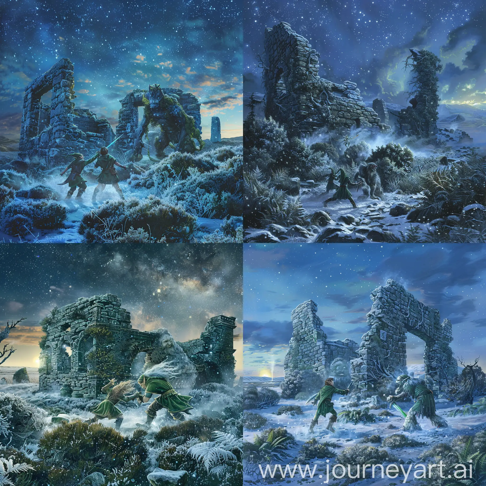 Epic-Battle-Elves-vs-Ice-Troll-in-Ancient-Ruins-on-Icy-Moorland
