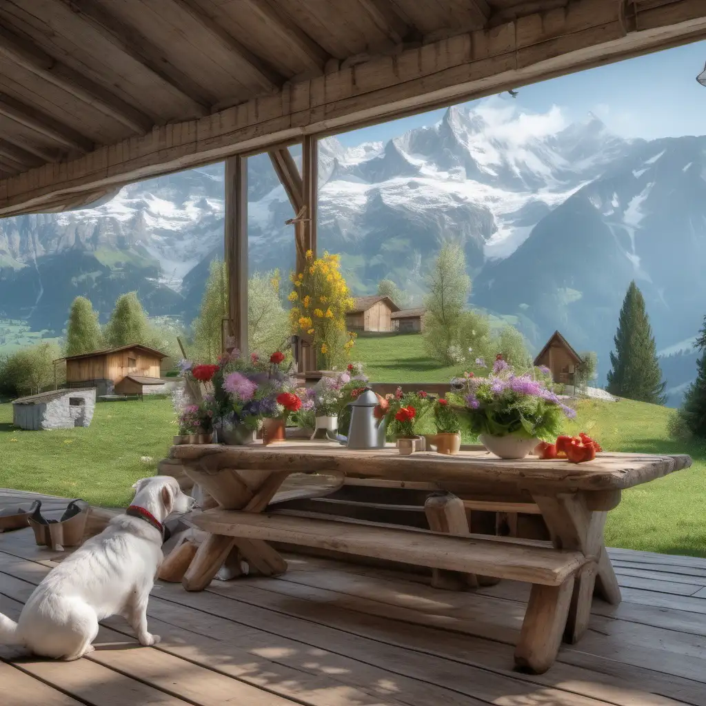 view from open kitchen of a cabin house to the snowy mountains in switzerland in summer time.   Flowers on the garden, some chickens on the garden and a dog lay on the wood floor. photography style. HD. stable diffussion. masterpiece. soft colors. very high realistic. 