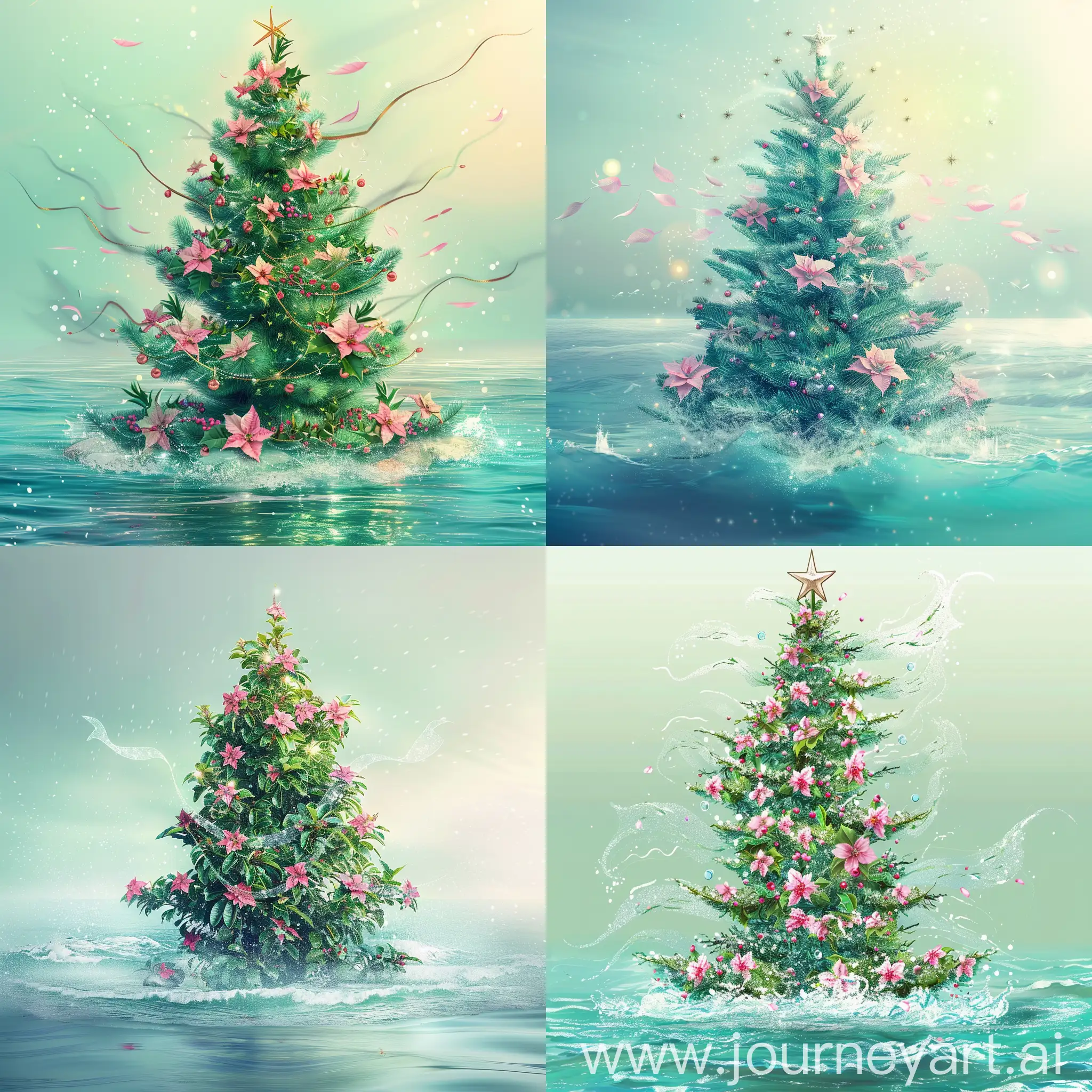 A beautiful Christmas tree in blue sea with pink flowers
And wind blowing background in light green
