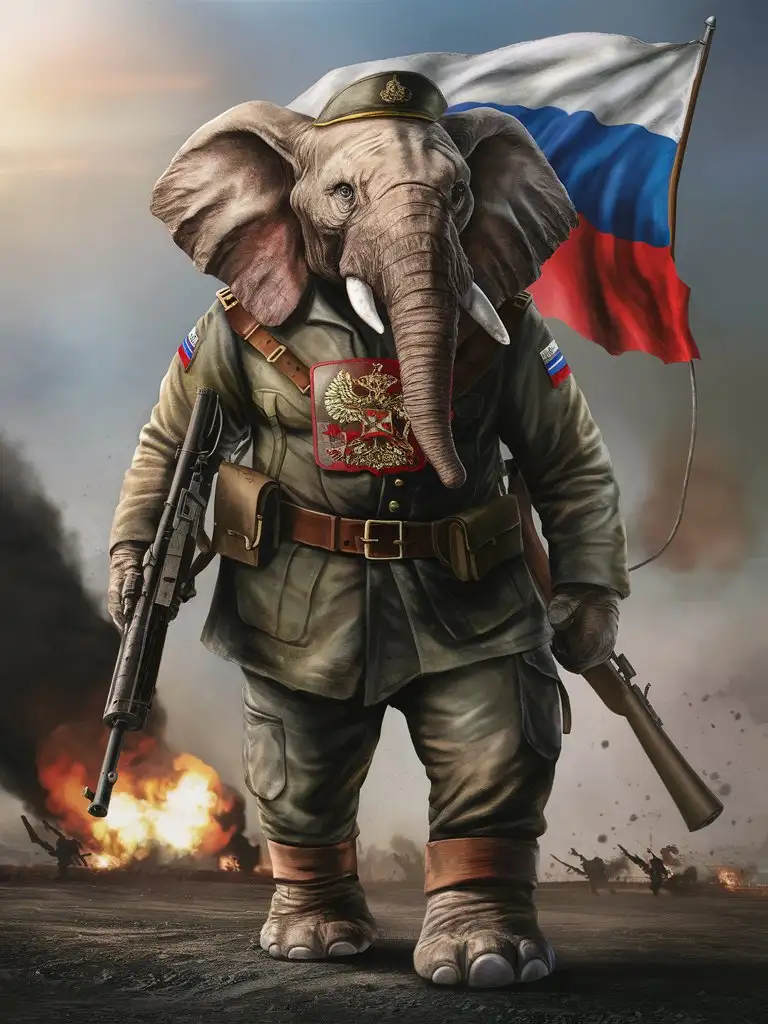 Drawing of patriotic humanoid elephant, in a military form, with a patch in the form of the Russian flag