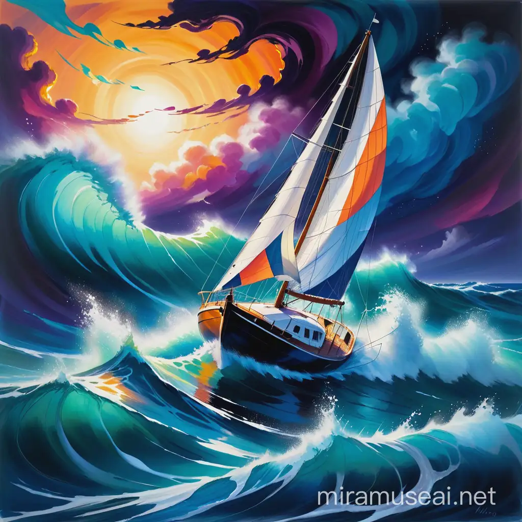 Vibrant Acrylic Painting of a Sailboat Conquering a Stormy Sea