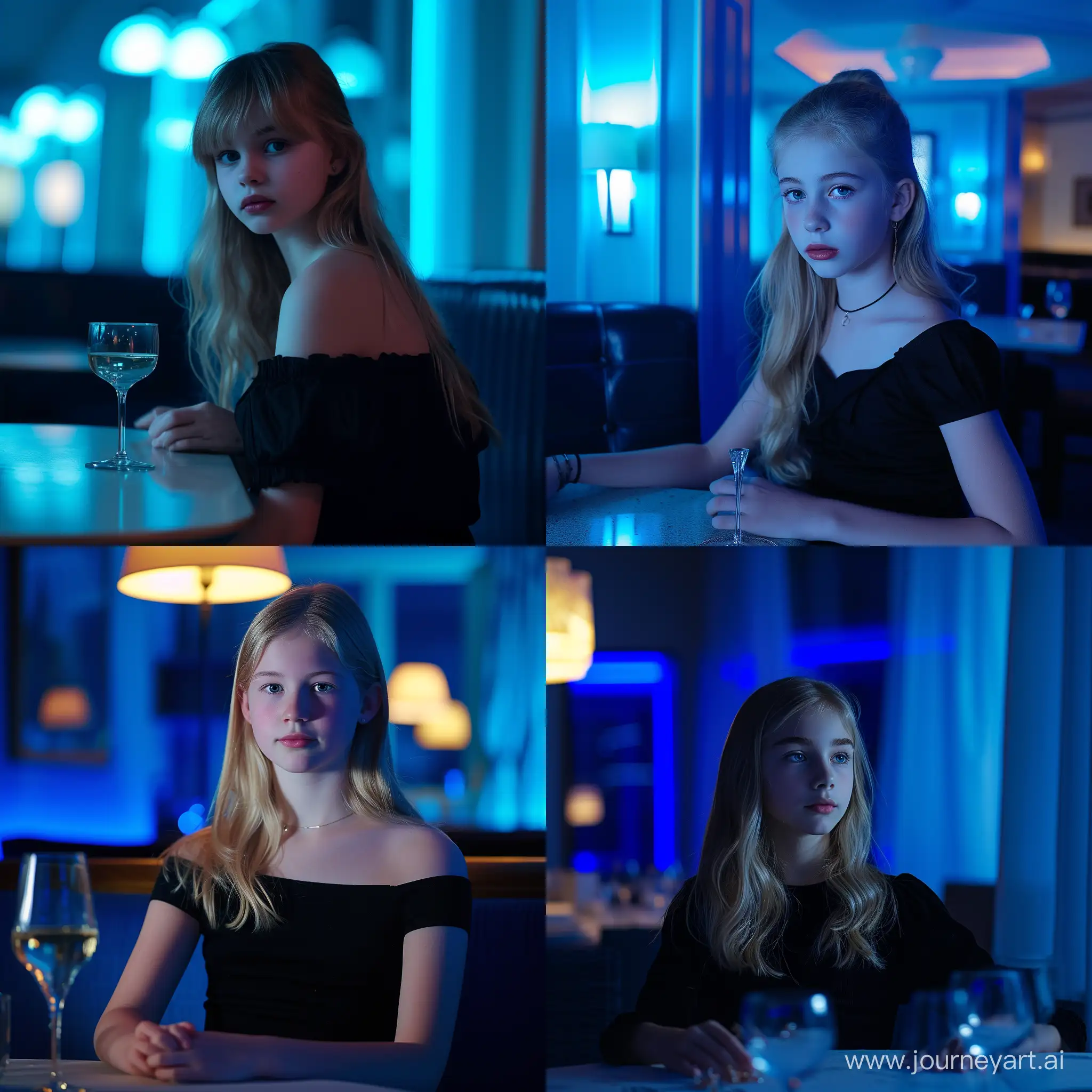a young girl 18 years old, blonde, in a black top sits at a table with a wine glass in a room with blue lighting.