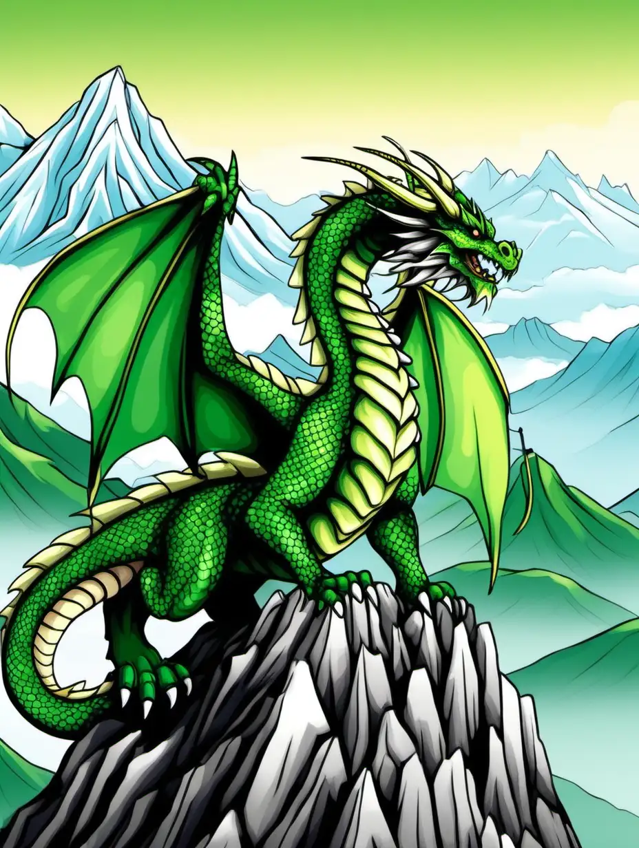 Majestic Green Dragon Soaring Over Mountain Range Landscape