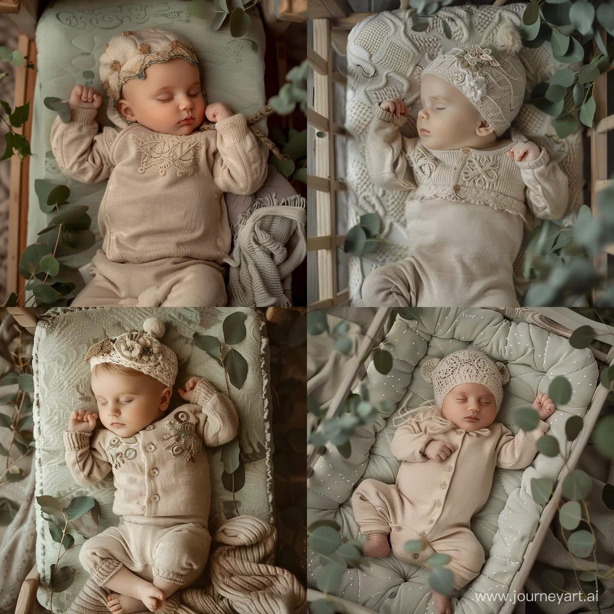 Sleeping-Newborn-Baby-in-Beige-Jumpsuit-on-EucalyptusColored-Crib