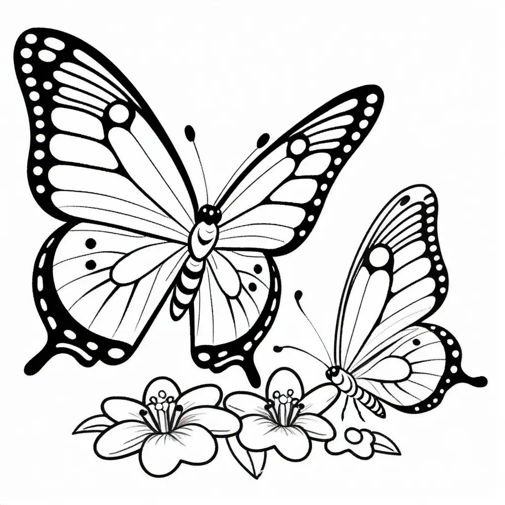 A mother butterfly and cute small baby butterfly, Coloring Page, black and white, line art, white background, Simplicity, Ample White Space. The background of the coloring page is plain white to make it easy for young children to color within the lines. The outlines of all the subjects are easy to distinguish, making it simple for kids to color without too much difficulty