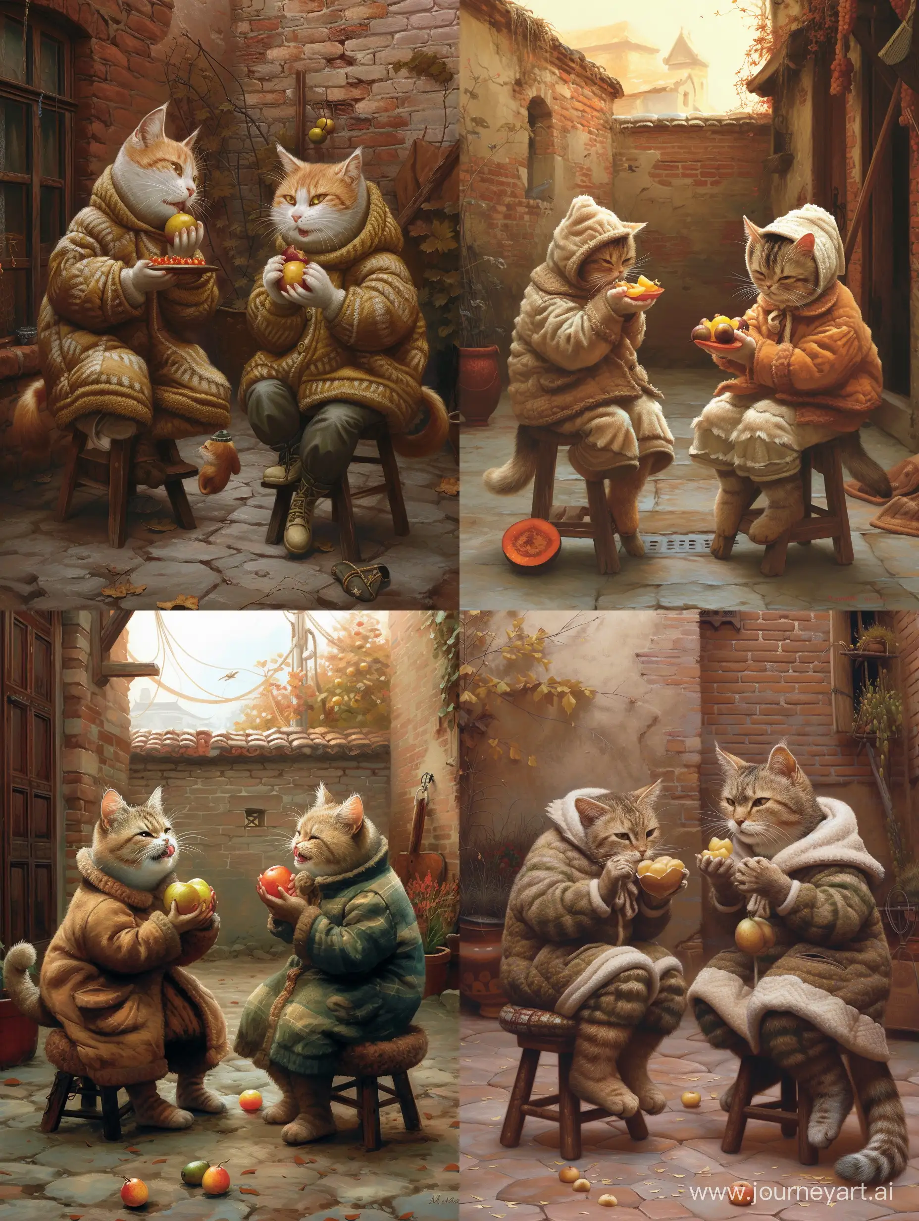 Cats wearing thick, cozy home clothes, sitting on small stools and eating fruit while chatting. The background is a rural courtyard, featuring traditional elements like a brick wall, a few plants, and a rustic atmosphere. The cats should appear comfortable and engaged in conversation, capturing a sense of leisure and companionship in this charming, homely rural setting.
