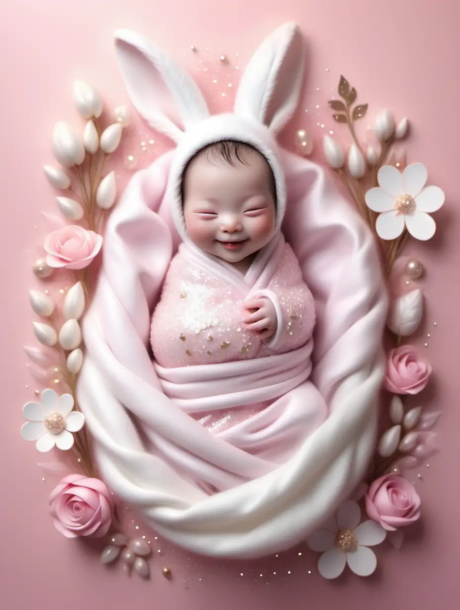 Enchanting Moment Chinese Baby Rabbit and Newborn Baby in a Smiling Fantasy World