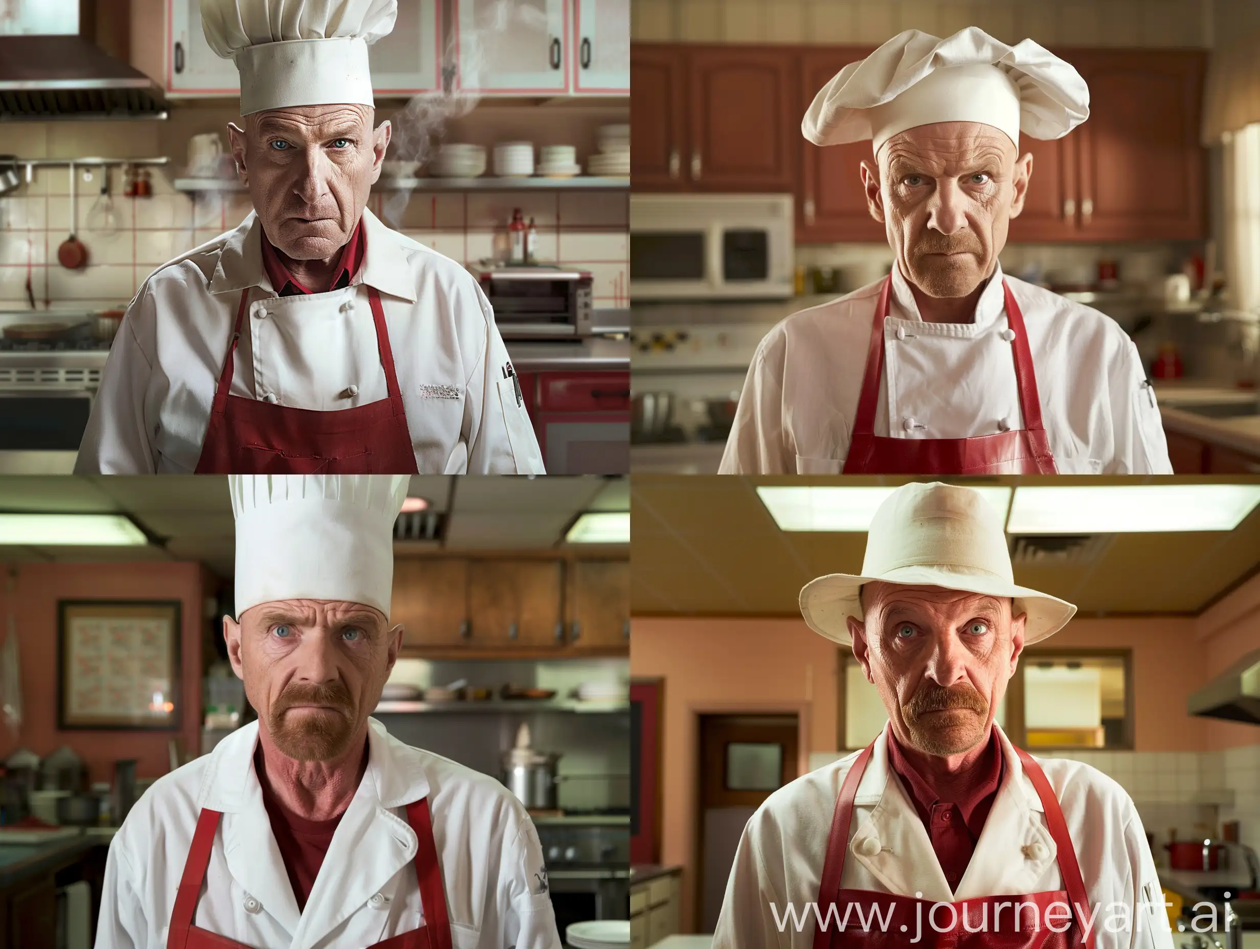 Mike Armantrat (played by Jonathan Banks) is bad in Breaking Bad, Mike Armantrat wearing a white chef's suit, Mike Armantrat wearing a chef's hat, Mike Armantrat (played by Jonathan Banks) wearing a red kitchen apron, Mike Armantrat looking poker face at the camera The background is the kitchen, realistic, q2