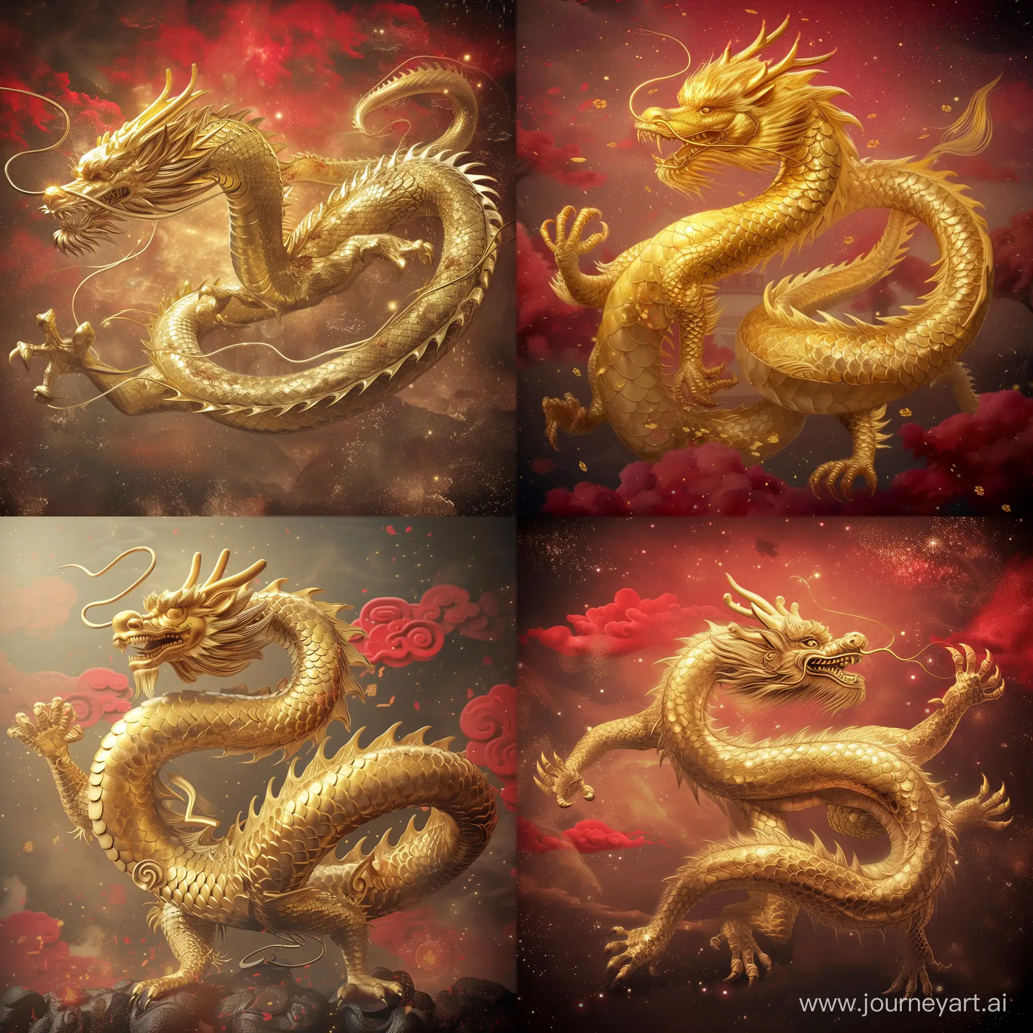 一条金色的龙，中国传统神话故事中的龙，五爪，背景与新年呼应，有红色和祥云，龙全身都是金色，很威武大气，有鳞片