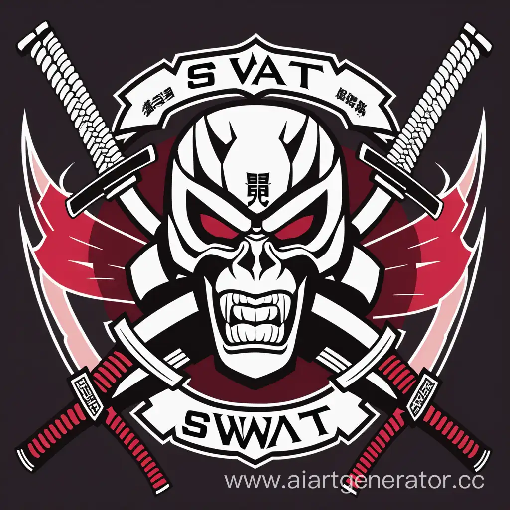 Japanese-Style-Team-Logo-with-SWAT-Inscription-and-Samurai-Swords-among-Cherry-Blossoms