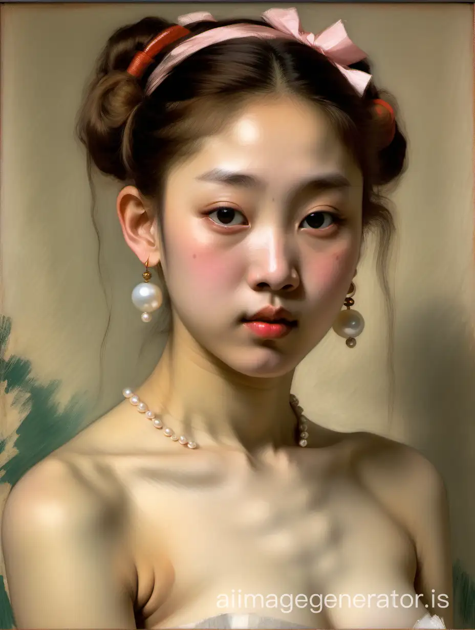 Degas detailed oil painting of a very big-busted, very beautiful skinny nude Korean princess, pearl earrings, underarm hair, with very thick eyebrows, looking straight, front view, very cute face, rosy cheeks, digital art