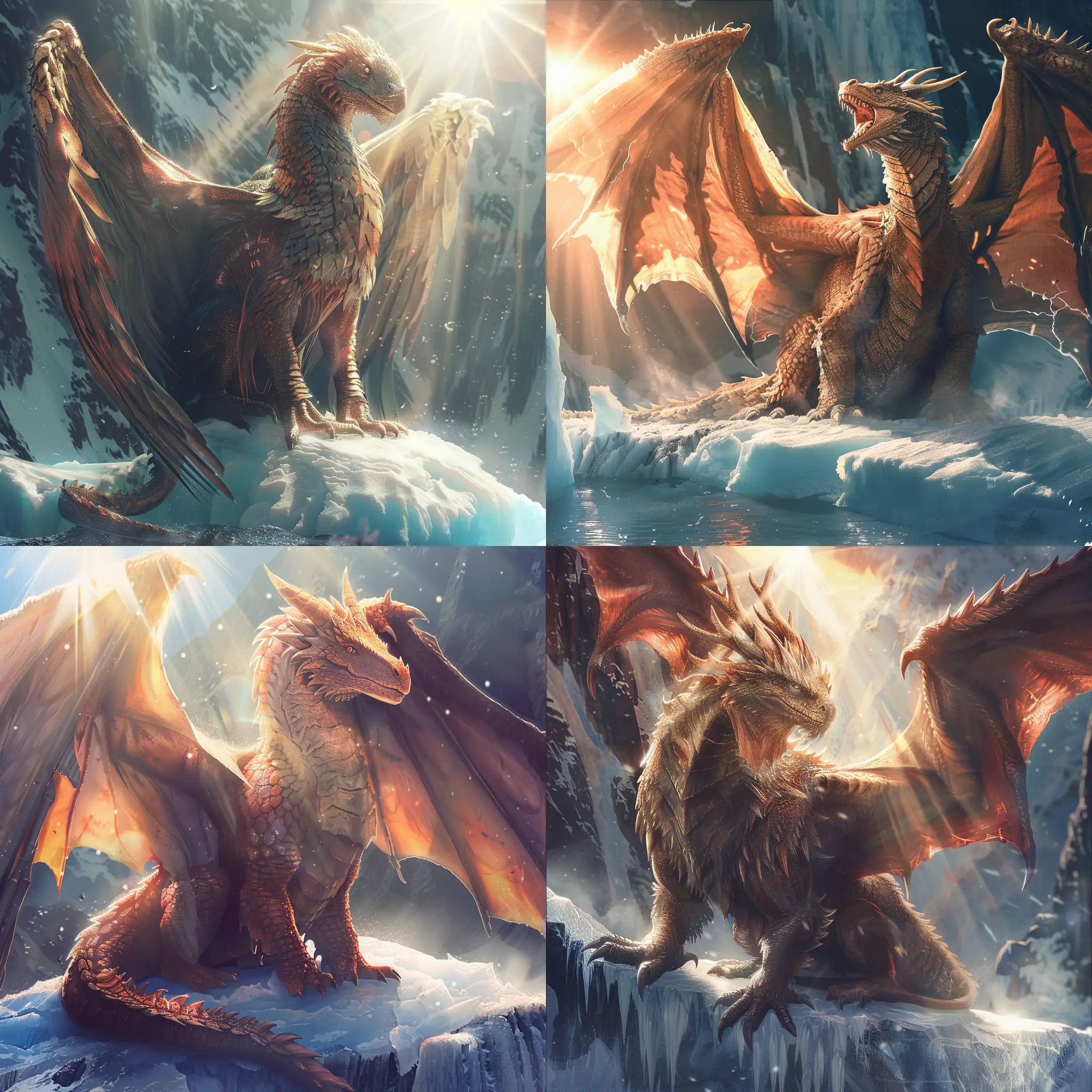 A photographic image of a giant and ancient beautiful noble looking, massive, majestic red dragon with large outstretched wings and a friendly face sitting on a glacier shining in the light of the sun. Beautiful magical mysterious fantasy surreal highly detailed --v 6 --ar 1:1 --no 20025
