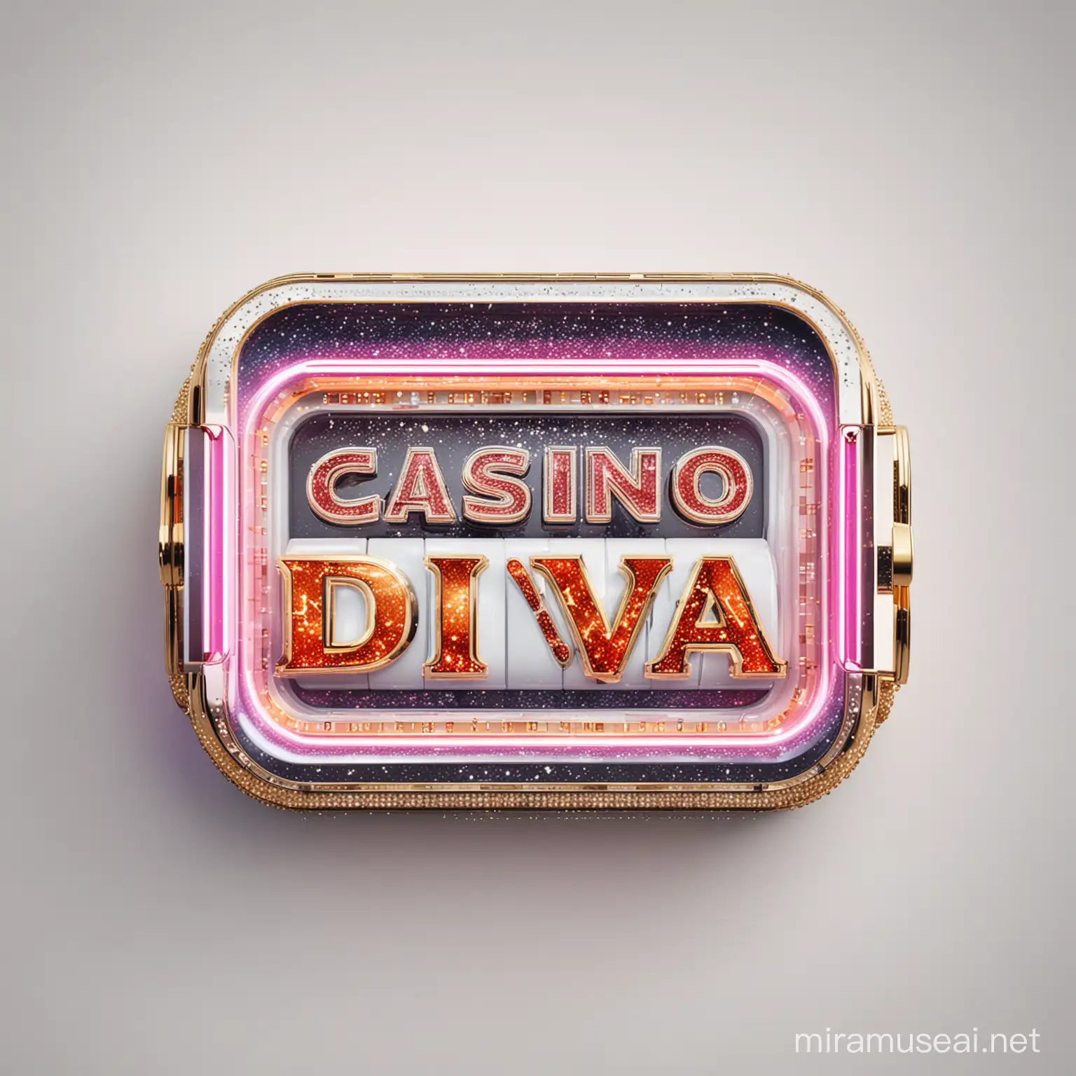  abstract logo of a slot machine with neon lights on a white background, The words "Casino Diva" displayed in the middle of the logo with glitter font