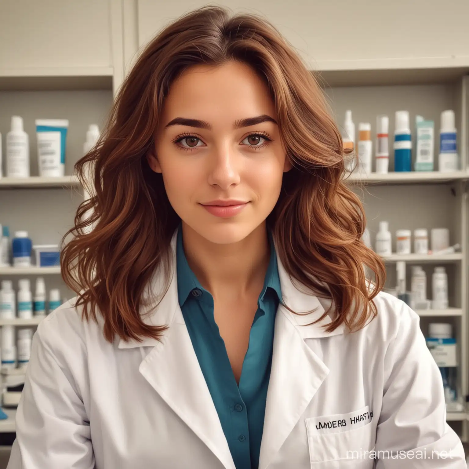 Draw me as a female scientist with wavy brown hair and brown eyes in a Laboratory Pharmacist medicine