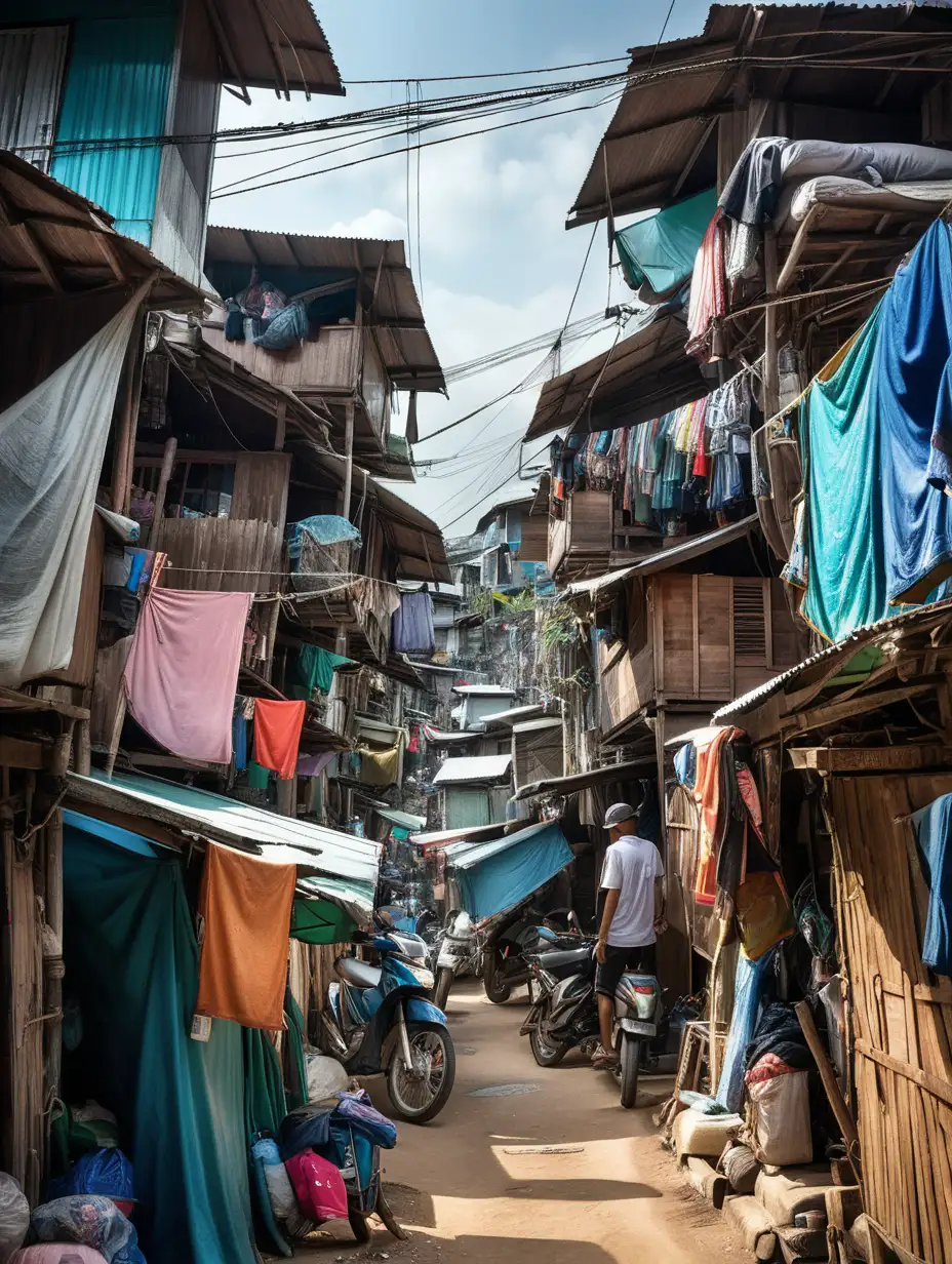 (cinematic lighting), Nestled on the outskirts of a bustling Thai city, a squatter house slum unfolds as a tapestry of makeshift shelters. Tiny, crowded dwellings, constructed from salvaged materials, lean against each other in an intricate maze of narrow pathways. Vibrant laundry hangs between the haphazard structures, and narrow alleys wind through the congested settlement. The atmosphere is a juxtaposition of resilience and struggle, with the vibrant colors of the community's spirit contrasting the challenging living conditions in this Thai slum, intricate details, hyper realistic photography,--v 5, unreal engine,