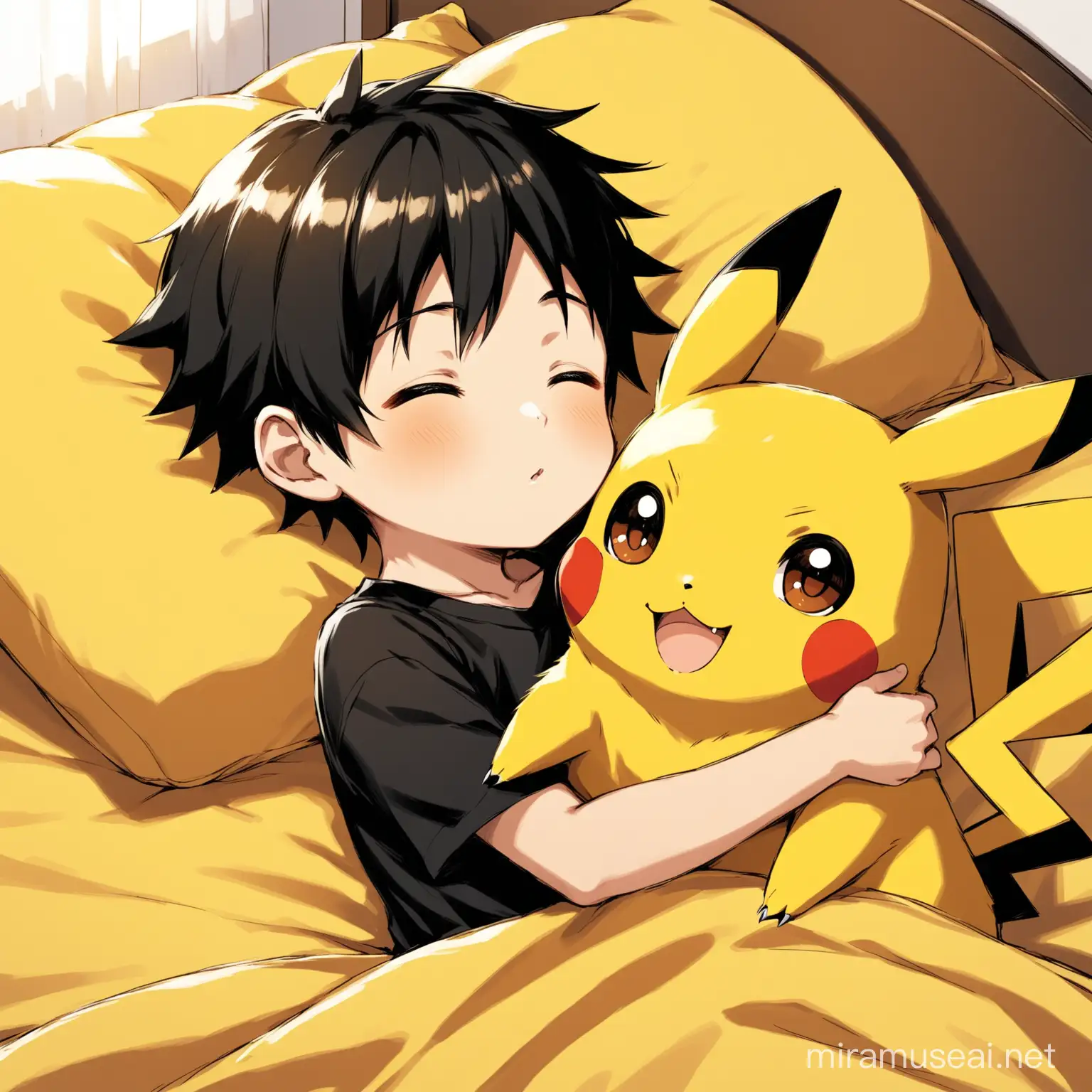  pikachu fell asleep in bed a 9 year old boy with black hair, brown eyes and a black dress loves pikachu