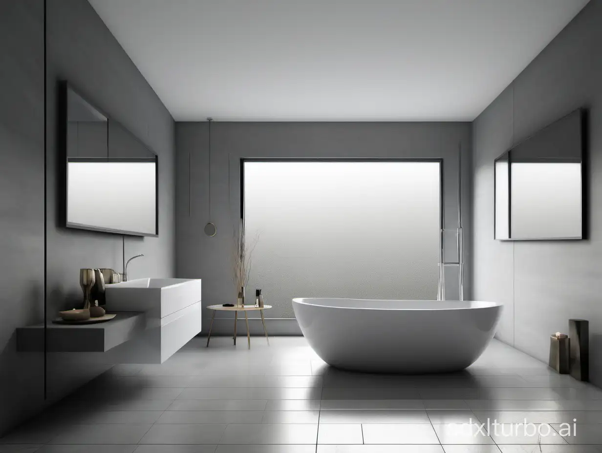 简约大气高级灰色系的背景，一个正面长的浴缸大全景图，浴缸小一点，背景露出的多一点